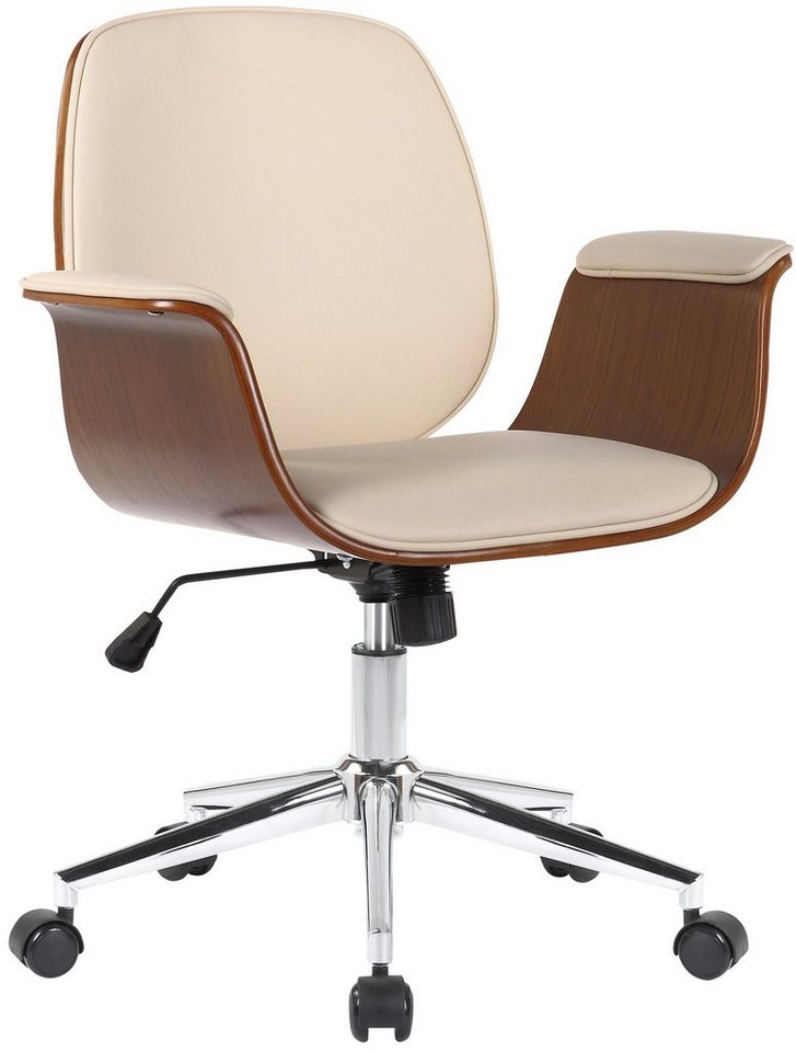 TPFLiving Bürostuhl Keegan mit bequemer Rückenlehne - höhenverstellbar und 360° drehbar (Schreibtischstuhl, Drehstuhl, Chefsessel, Konferenzstuhl), Gestell: Metall chrom - Sitz: Kunstleder walnuss/creme von TPFLiving