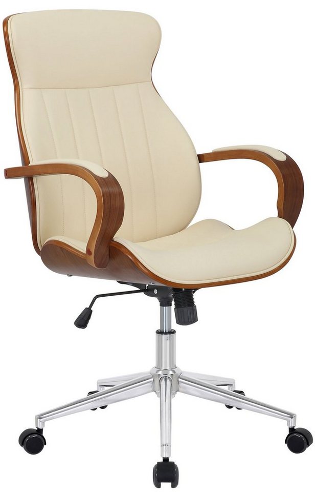 TPFLiving Bürostuhl Mellow mit bequemer Rückenlehne - höhenverstellbar und 360° drehbar (Schreibtischstuhl, Drehstuhl, Chefsessel, Bürostuhl XXL), Gestell: Metall chrom - Sitz: Kunstleder walnuss/creme von TPFLiving