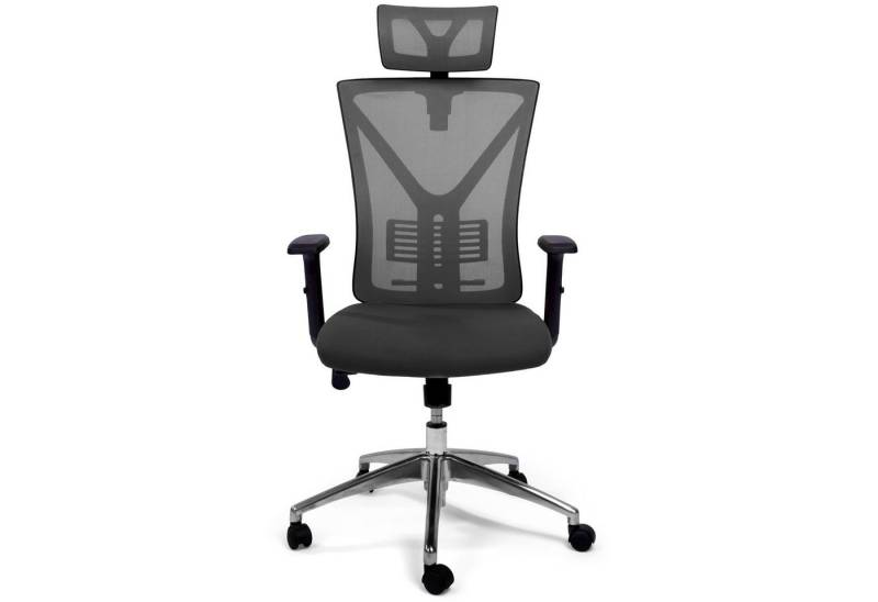 TPFLiving Bürostuhl Zeus mit Castor Rollen und Lordosenstütze aus Mesh Stoff (XXL Bürostuhl, ergonomisch gepolsterter Schreibtischstuhl), moderner Drehstuhl XXL Chefsessel, Belastbarkeit 200kg - Grau von TPFLiving