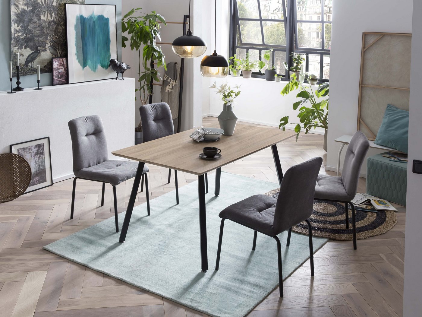 TPFLiving Esstisch ALEKSI - Esszimmertisch, MDF mit Dekor Sonoma Eiche, Gestell Metall (Hochwertiger Küchentisch mit stylischem 4-Fuß-Gestell, 1-St., Designertisch, natur, Gestell schwarz), Tisch Esszimmer - Maße (BxHxT): 140x75x80 cm - Plattenstärke: 2 cm von TPFLiving