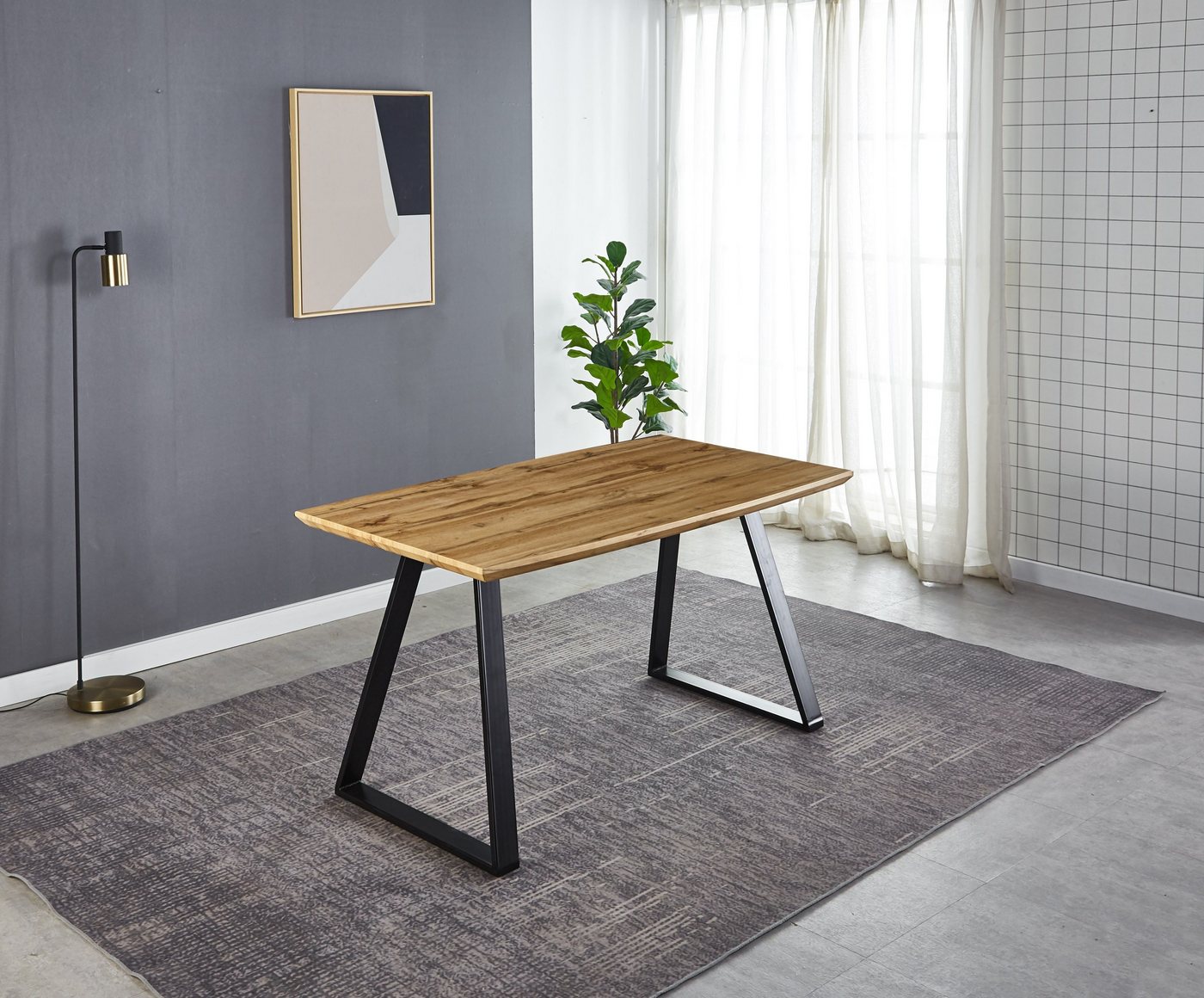 TPFLiving Esstisch MATIAS - Esszimmertisch, MDF mit Eiche-Dekor, Beine Metall (Hochwertiger Küchentisch mit stylischem Kufengestell, 1-St., Designertisch, natur, Beine schwarz), Tisch Esszimmer - Maße (BxHxT): 140x75x80 cm - Plattenstärke: 4 cm von TPFLiving