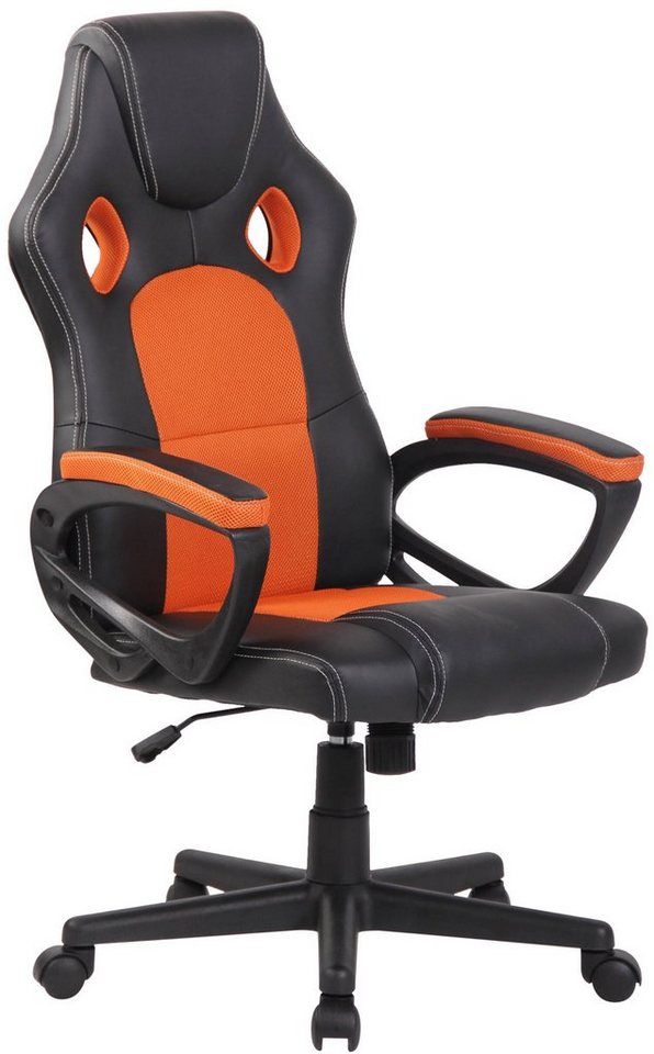 TPFLiving Gaming-Stuhl First mit bequemer Rückenlehne - höhenverstellbar und 360° drehbar (Schreibtischstuhl, Drehstuhl, Gamingstuhl, Racingstuhl, Chefsessel), Gestell: Kunststoff schwarz - Sitzfläche: Kunstleder orange von TPFLiving