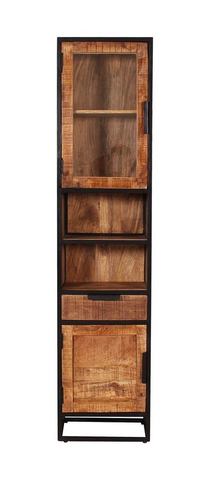 TPFLiving Hochschrank Riverton - aus natürlichem Mangoholz (Platz für Kosmetika oder Dekoartikel - Gestell Metall schwarz, Schrank Schlafzimmer - Glasschrank - Regalschrank) Produktlinie: Wyoming - Breite: 44 cm, Höhe: 190 cm, Tiefe: 34 cm von TPFLiving