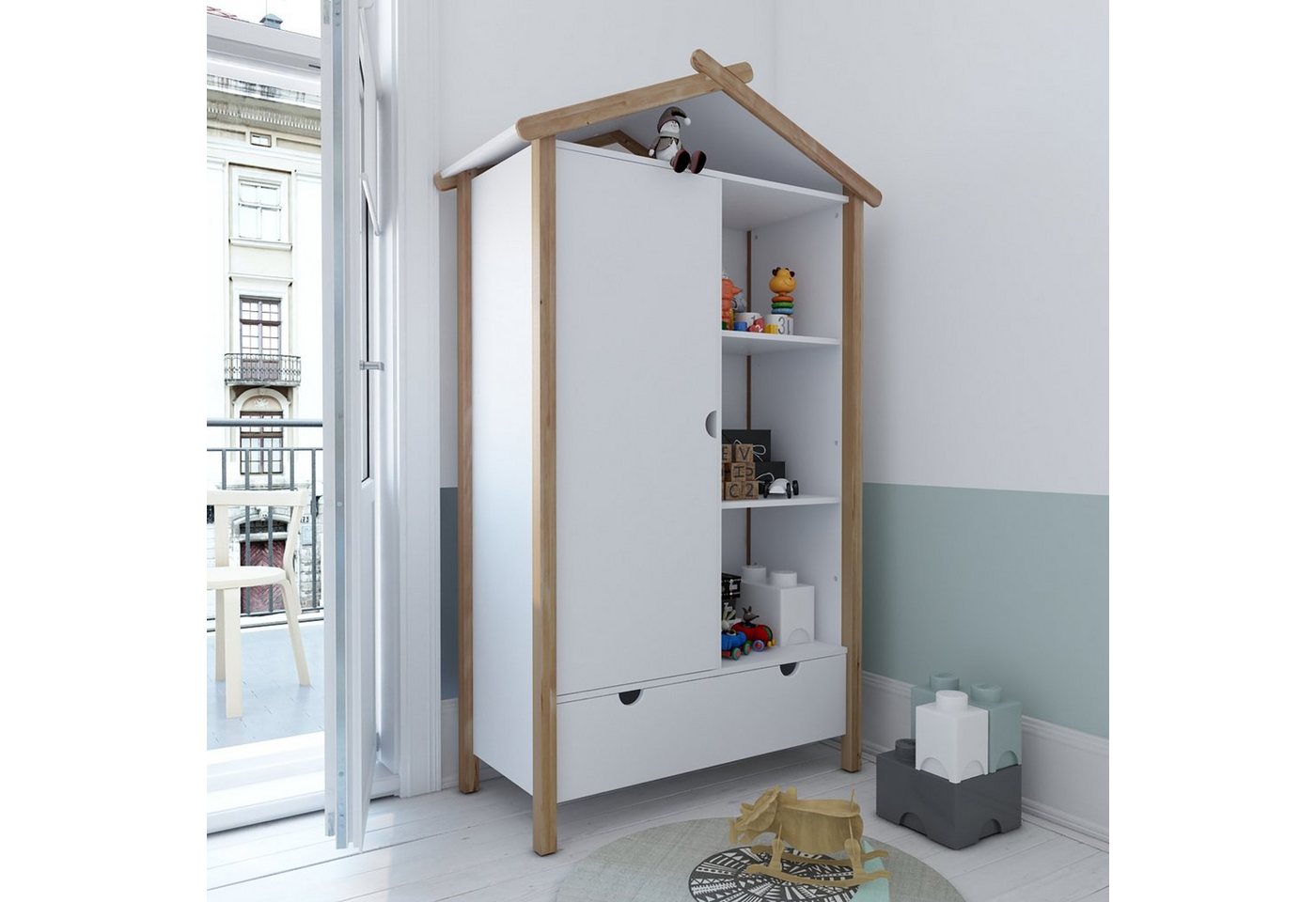 TPFLiving Kinderkleiderschrank Malmö - Kleiderschrank für Kinder aus Kiefernholz und MDF-Platten (1 Tür, 3 offene Fächer und 1 Schublade mit Soft Close Funktion, 1-St., Kleiderschrank aus unserer Produktlinie SKANDINAVIA - Farbe weiß-natur) MAßE (BxHxT): 112x187x51 cm - Gewicht: 77 kg von TPFLiving