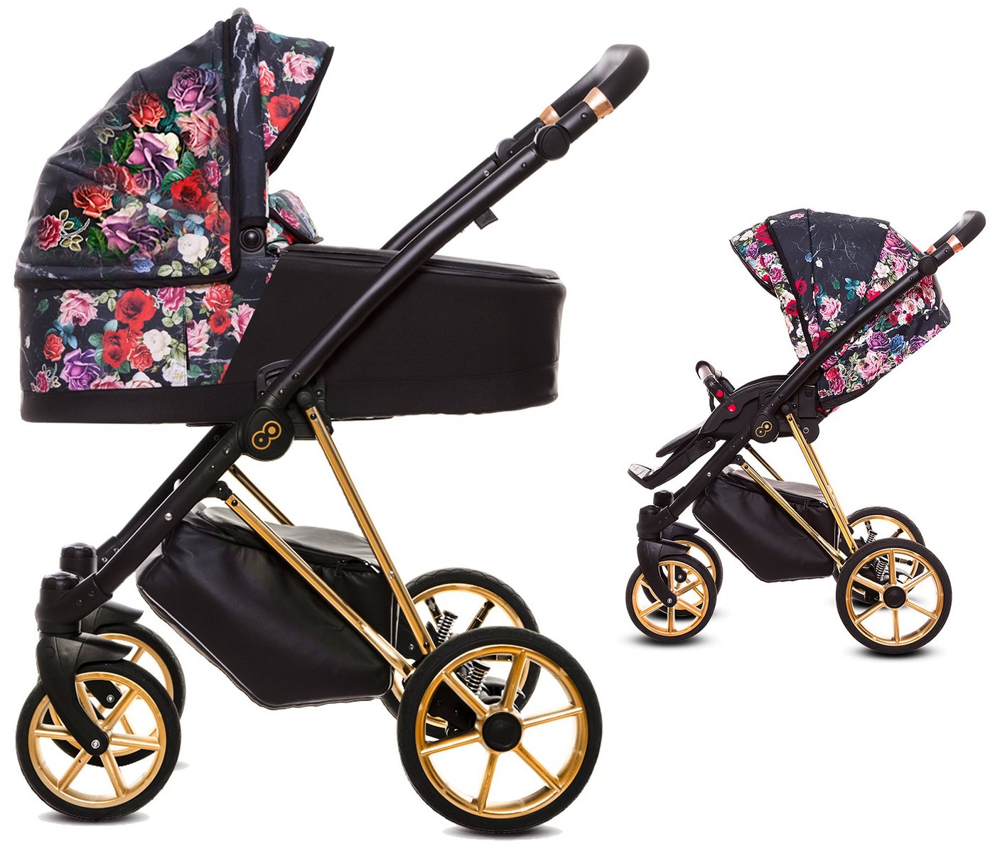 TPFLiving Kombi-Kinderwagen 2in1 Musse Dark Rose, Baby Buggy Babywanne Windeltasche Moskitonetz, Regenschutz Kinderwagen 2 in 1 inkl. Zubehör, Gestell Gold von TPFLiving