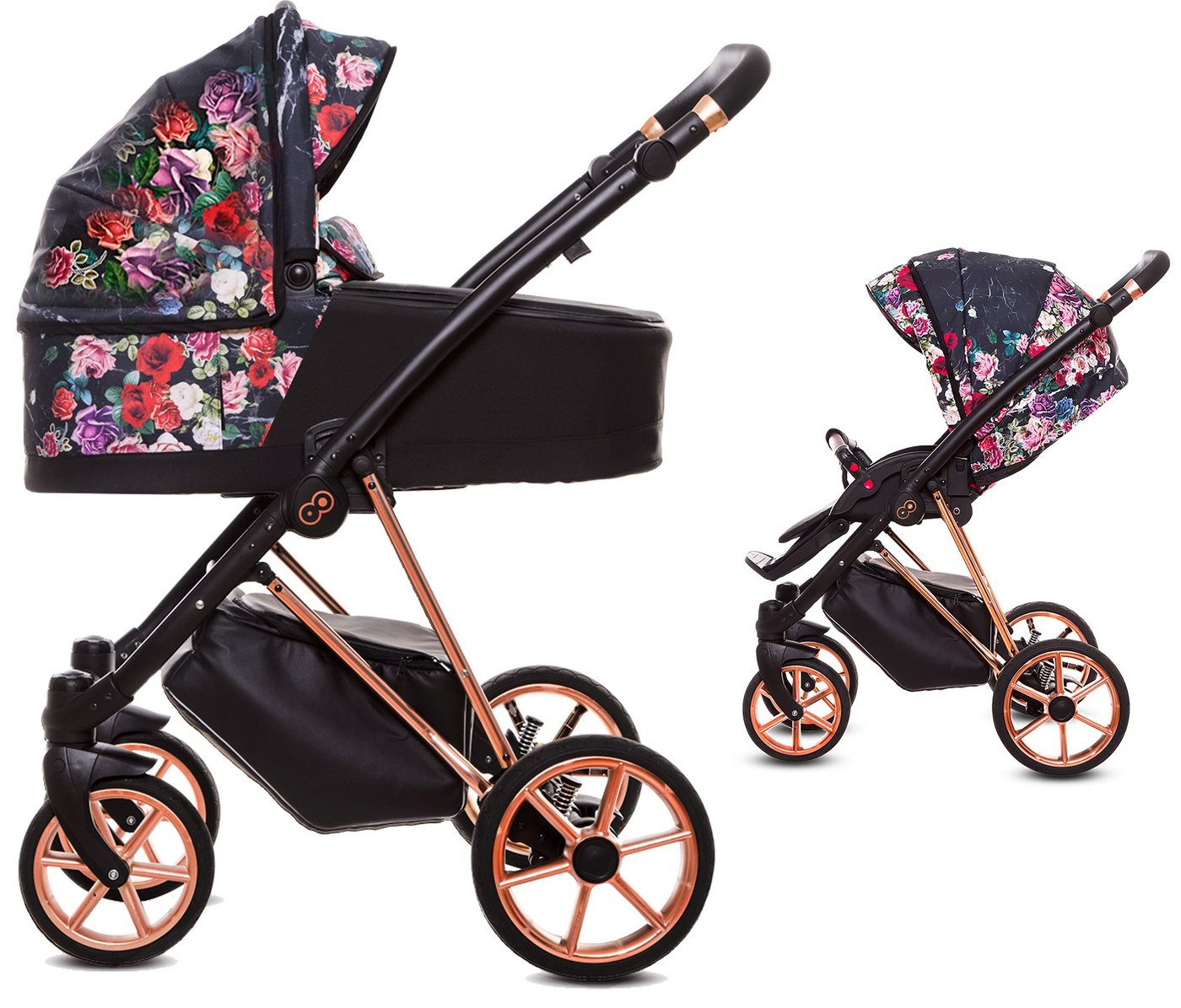 TPFLiving Kombi-Kinderwagen 2in1 Musse Dark Rose, Baby Buggy Babywanne Windeltasche Moskitonetz, Regenschutz Kinderwagen 2 in 1 inkl. Zubehör, Gestell Rose Gold von TPFLiving