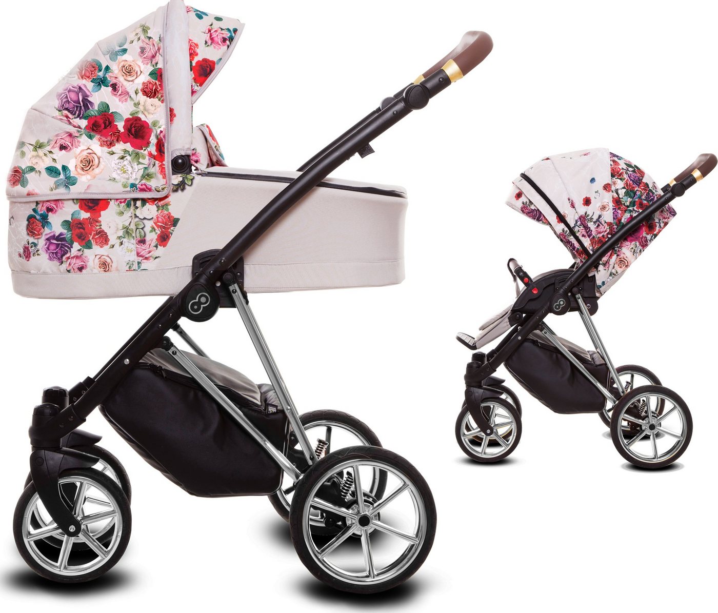 TPFLiving Kombi-Kinderwagen 2in1 Musse Light Rose, Baby Buggy Babywanne Windeltasche Moskitonetz, Regenschutz Kinderwagen 2 in 1 inkl. Zubehör, Gestell Silber von TPFLiving