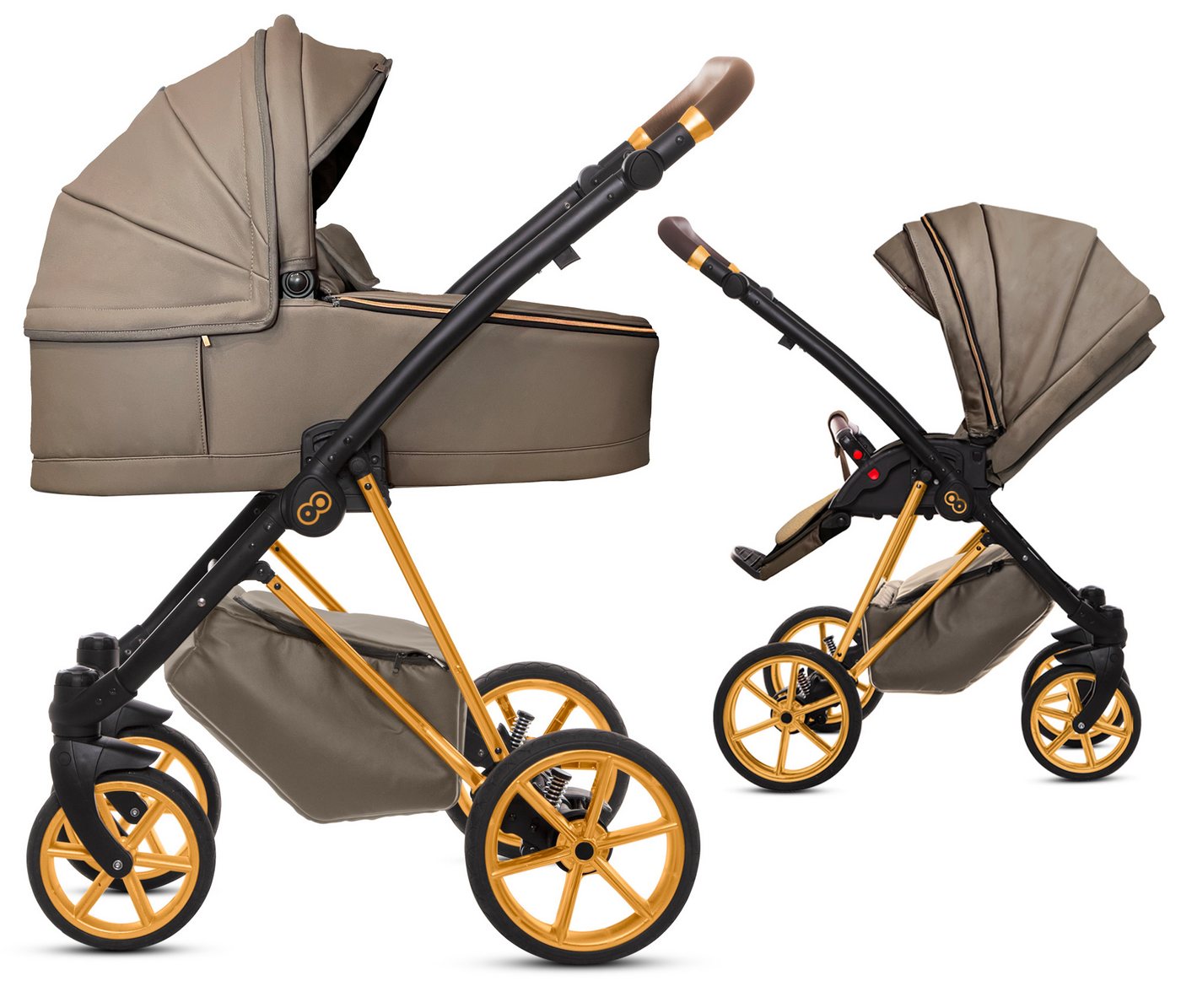 TPFLiving Kombi-Kinderwagen 2in1 Musse Royal, Baby Buggy Babywanne 5-Punkt-Sicherheitsgurt, Zubehör-Set Kinderwagen 2 in 1 Kunstleder Grau, Gestell Gold von TPFLiving