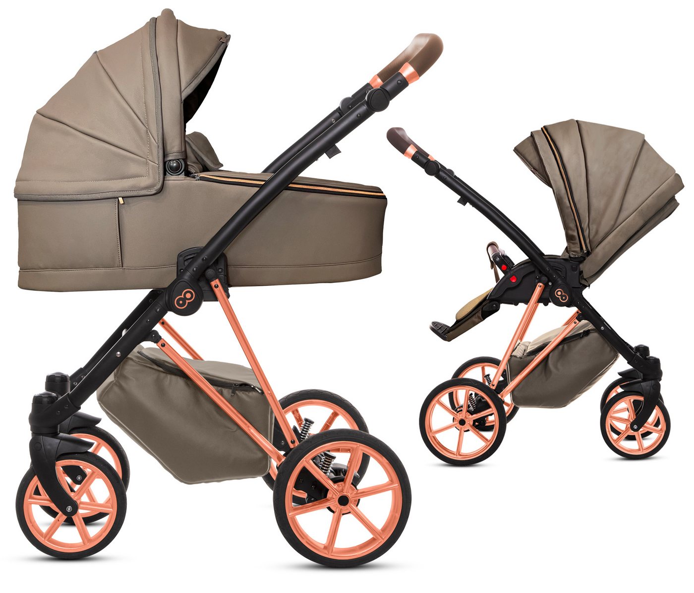 TPFLiving Kombi-Kinderwagen 2in1 Musse Royal, Baby Buggy Babywanne 5-Punkt-Sicherheitsgurt, Zubehör-Set Kinderwagen 2 in 1 Kunstleder Grau, Gestell Rosé Gold von TPFLiving