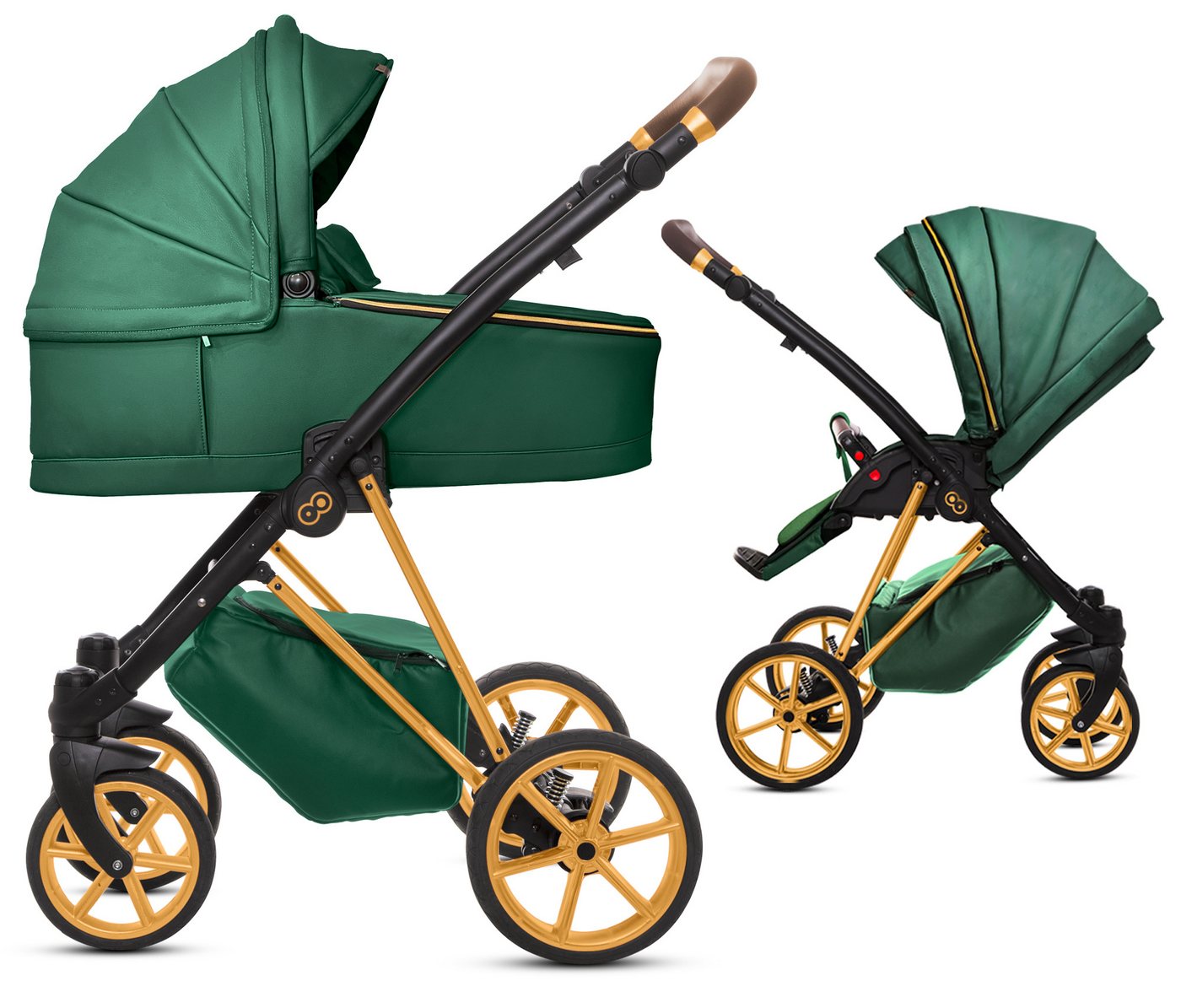 TPFLiving Kombi-Kinderwagen 2in1 Musse Royal, Baby Buggy Babywanne 5-Punkt-Sicherheitsgurt, Zubehör-Set Kinderwagen 2 in 1 Kunstleder Grün, Gestell Gold von TPFLiving