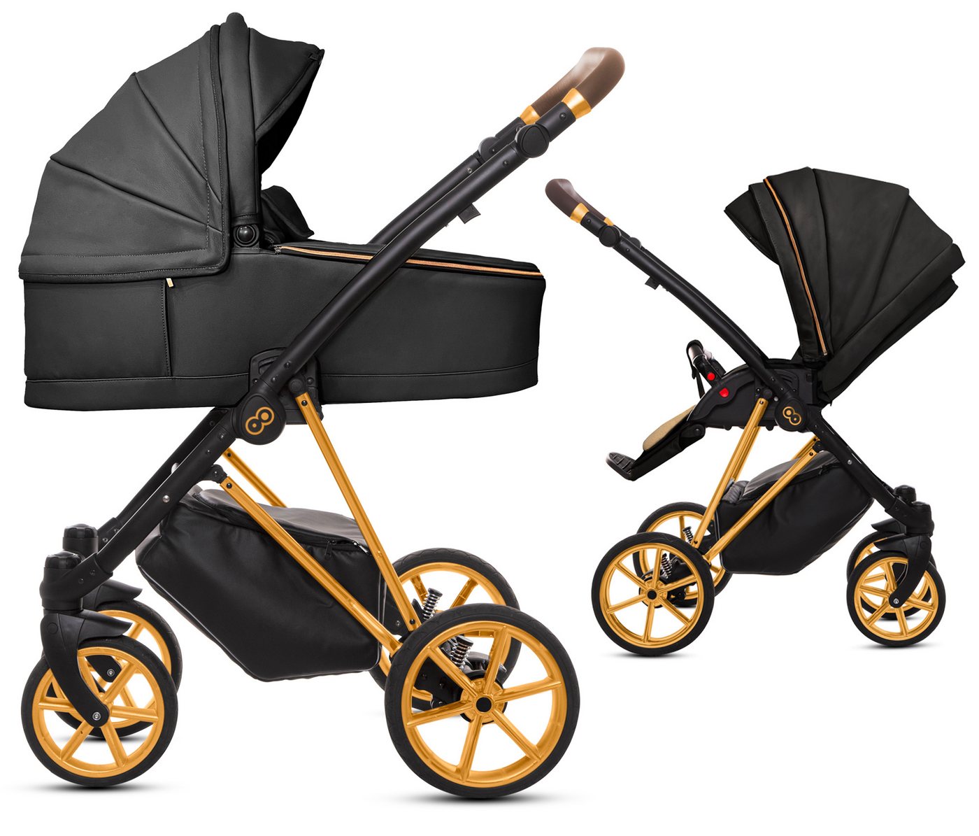 TPFLiving Kombi-Kinderwagen 2in1 Musse Royal, Baby Buggy Babywanne 5-Punkt-Sicherheitsgurt, Zubehör-Set Kinderwagen 2 in 1 Kunstleder Schwarz, Gestell Gold von TPFLiving