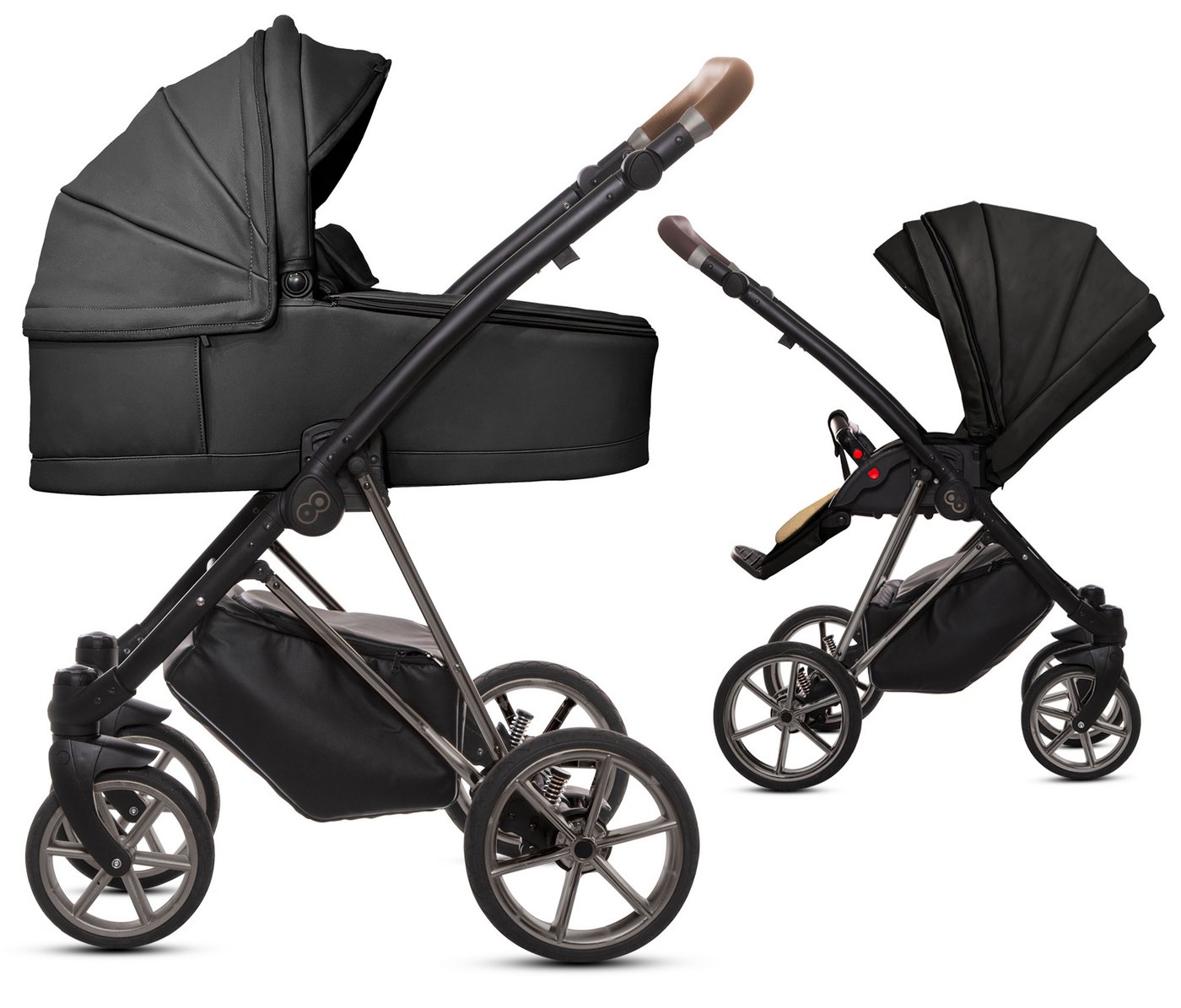 TPFLiving Kombi-Kinderwagen 2in1 Musse Royal, Baby Buggy Babywanne 5-Punkt-Sicherheitsgurt, Zubehör-Set Kinderwagen 2 in 1 Kunstleder Schwarz, Gestell Grau von TPFLiving