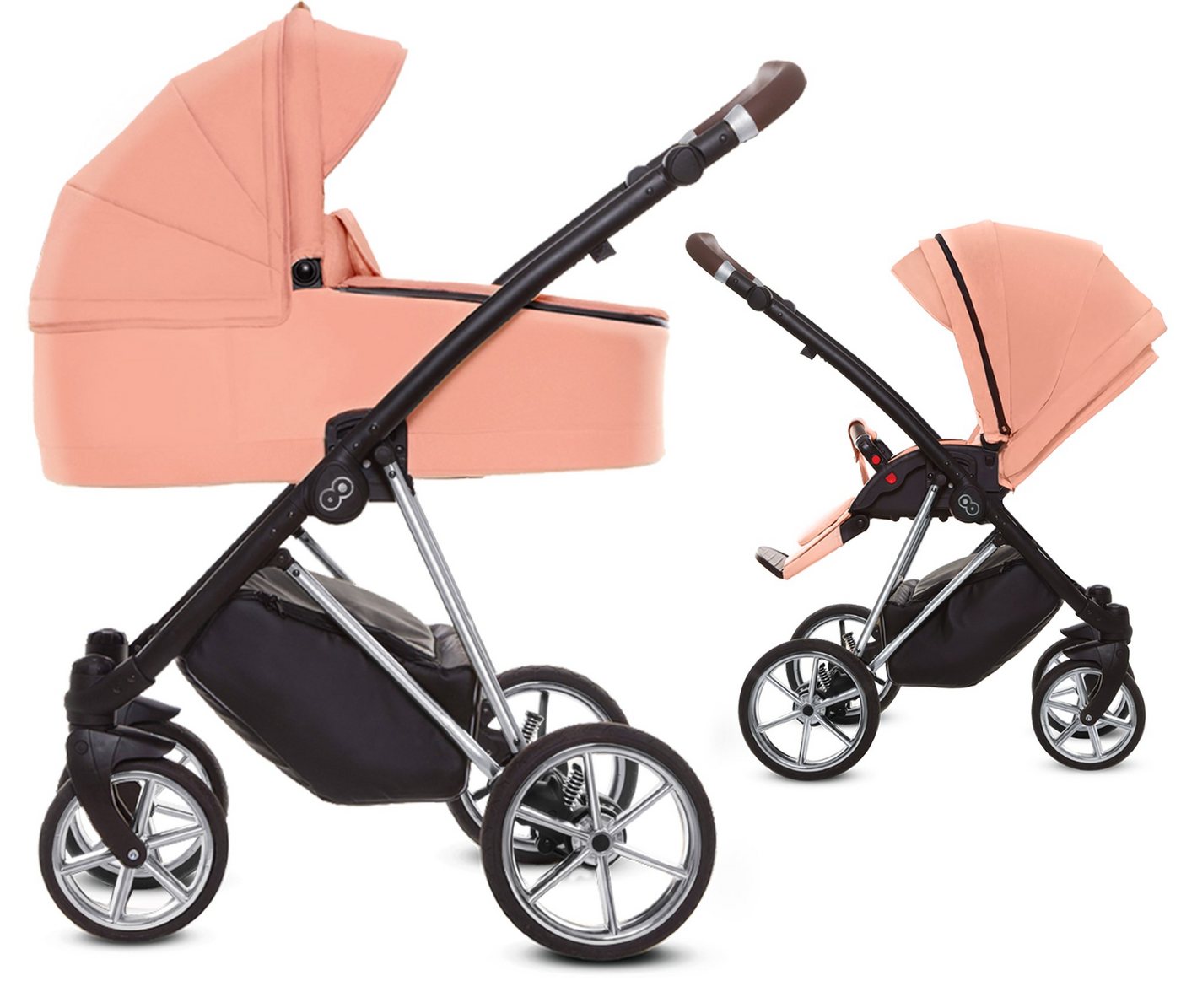 TPFLiving Kombi-Kinderwagen 2in1 Musse Ultra, Baby Buggy Babywanne 5-Punkt-Sicherheitsgurt, großes Zubehör-Set Kinderwagen 2 in 1 Stoff Apricot, Gestell Silber von TPFLiving