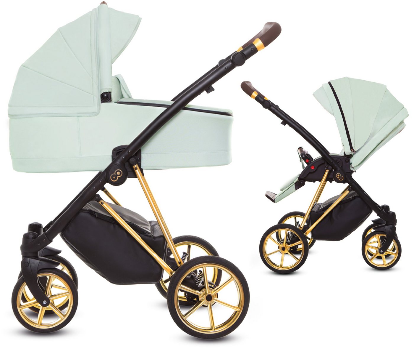 TPFLiving Kombi-Kinderwagen 2in1 Musse Ultra, Baby Buggy Babywanne 5-Punkt-Sicherheitsgurt, großes Zubehör-Set Kinderwagen 2 in 1 Stoff Mint, Gestell Gold von TPFLiving