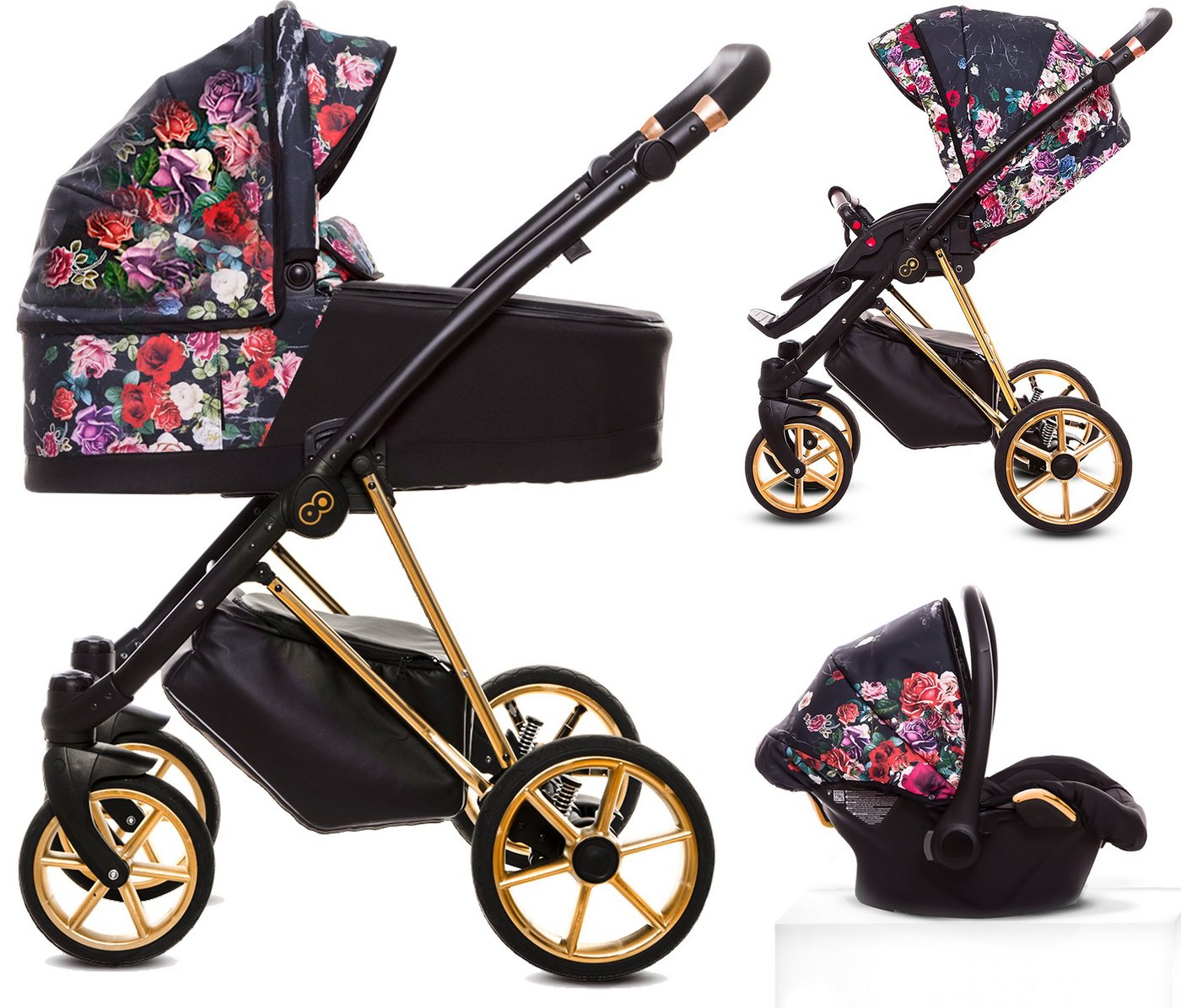 TPFLiving Kombi-Kinderwagen 3 in 1 Musse Dark Rose, Baby Buggy Babywanne Autositz Windeltasche, Moskitonetz Regenschutz Kinderwagen Komplettset Gestell Gold von TPFLiving