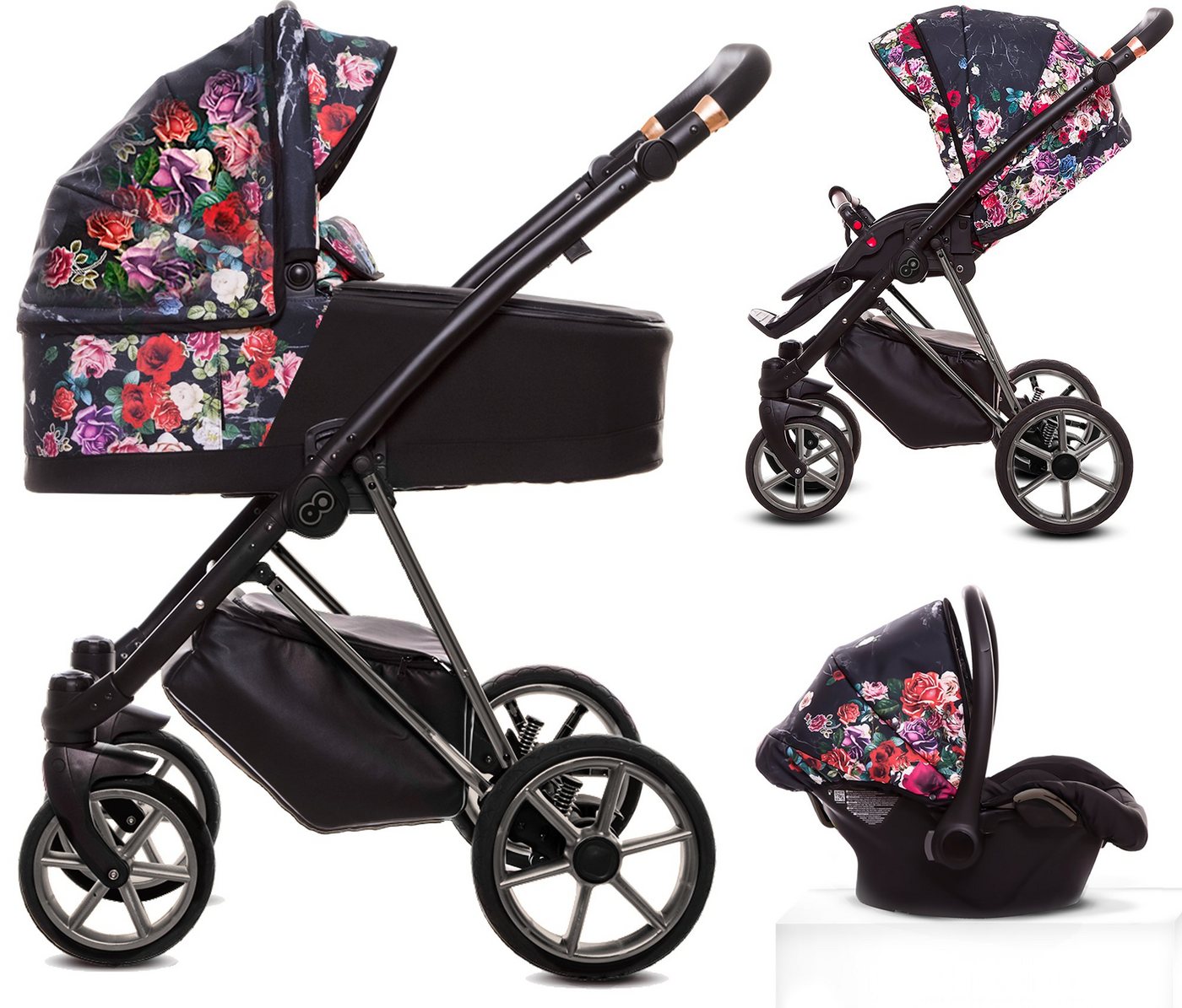 TPFLiving Kombi-Kinderwagen 3 in 1 Musse Dark Rose, Baby Buggy Babywanne Autositz Windeltasche, Moskitonetz Regenschutz Kinderwagen Komplettset Gestell Grau von TPFLiving