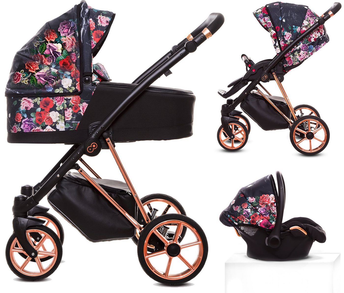 TPFLiving Kombi-Kinderwagen 3 in 1 Musse Dark Rose, Baby Buggy Babywanne Autositz Windeltasche, Moskitonetz Regenschutz Kinderwagen Komplettset Gestell Rose Gold von TPFLiving