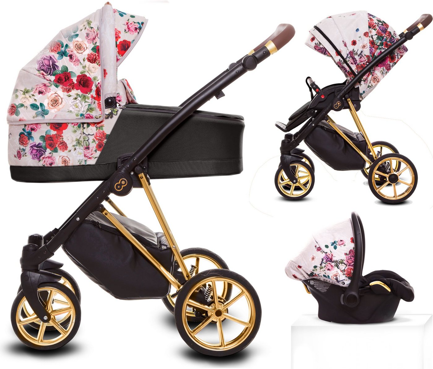 TPFLiving Kombi-Kinderwagen 3 in 1 Musse Light Dark Rose, Baby Buggy Babywanne Autositz, Moskitonetz Regenschutz Kinderwagen Komplettset Gestell Gold von TPFLiving