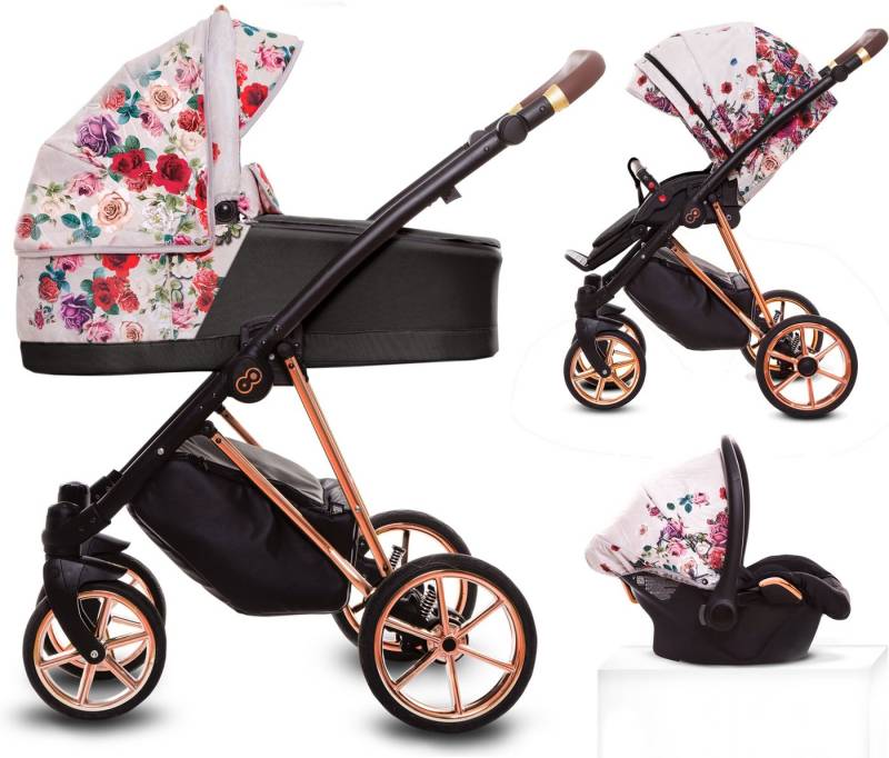 TPFLiving Kombi-Kinderwagen 3 in 1 Musse Light Dark Rose, Baby Buggy Babywanne Autositz, Moskitonetz Regenschutz Kinderwagen Komplettset Gestell Rose Gold von TPFLiving