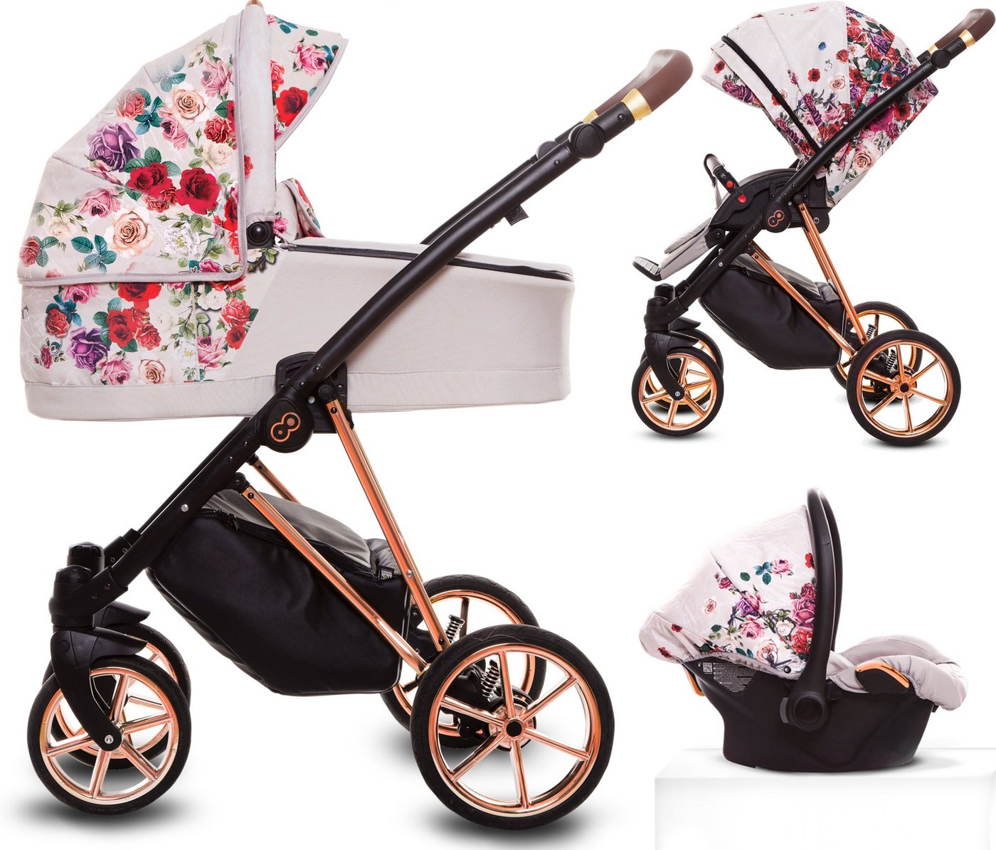 TPFLiving Kombi-Kinderwagen 3 in 1 Musse Light Rose, Baby Buggy Babywanne Autositz Windeltasche, Moskitonetz Regenschutz Kinderwagen Komplettset Gestell Rose Gold von TPFLiving