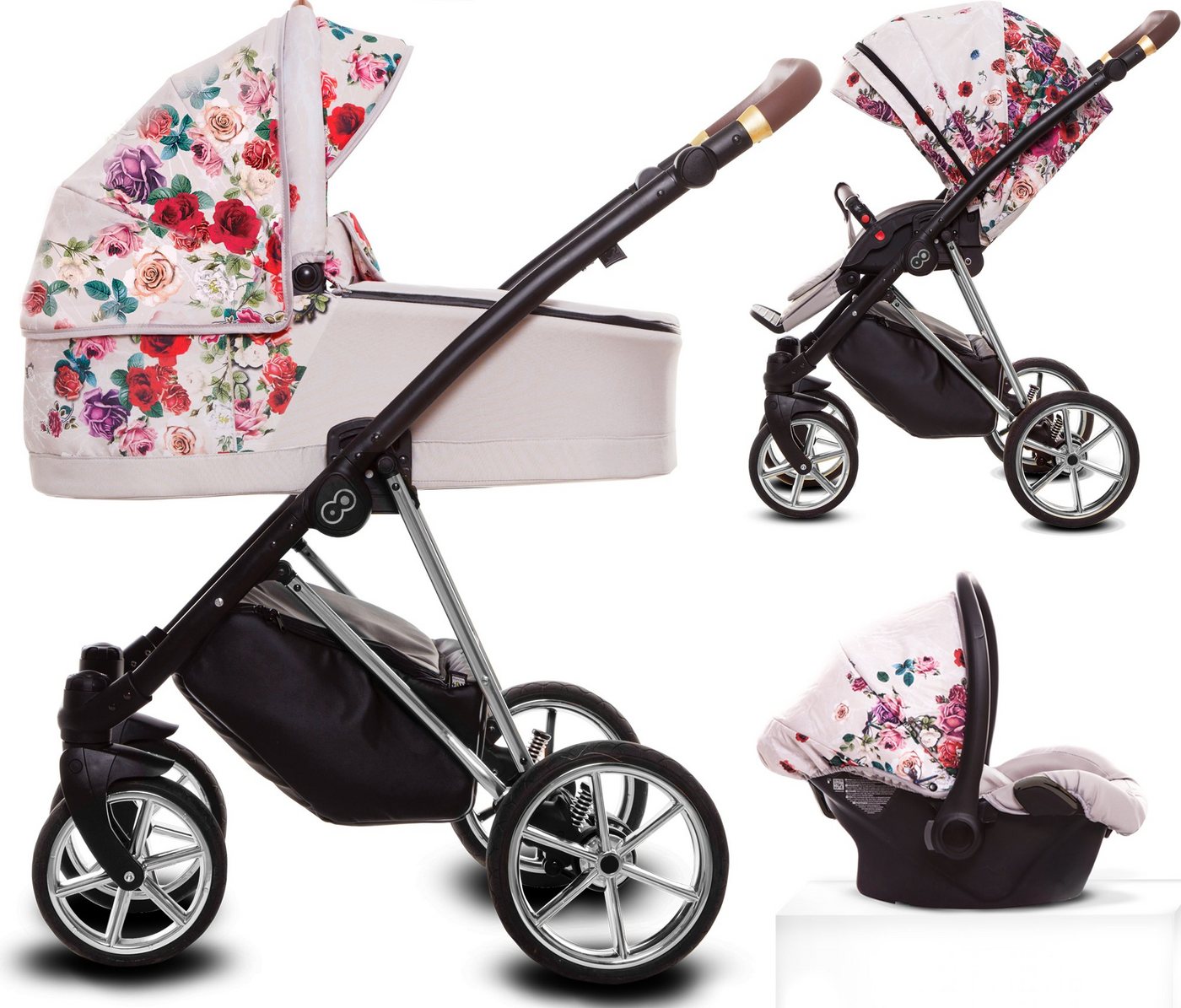 TPFLiving Kombi-Kinderwagen 3 in 1 Musse Light Rose, Baby Buggy Babywanne Autositz Windeltasche, Moskitonetz Regenschutz Kinderwagen Komplettset Gestell Silber von TPFLiving