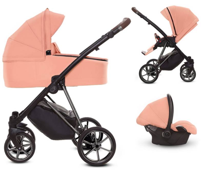 TPFLiving Kombi-Kinderwagen 3 in 1 Musse Ultra, Baby Buggy Babywanne Autositz, großes Zubehör-Set Kinderwagen 3 in 1 Stoff Apricot, Gestell Grau von TPFLiving