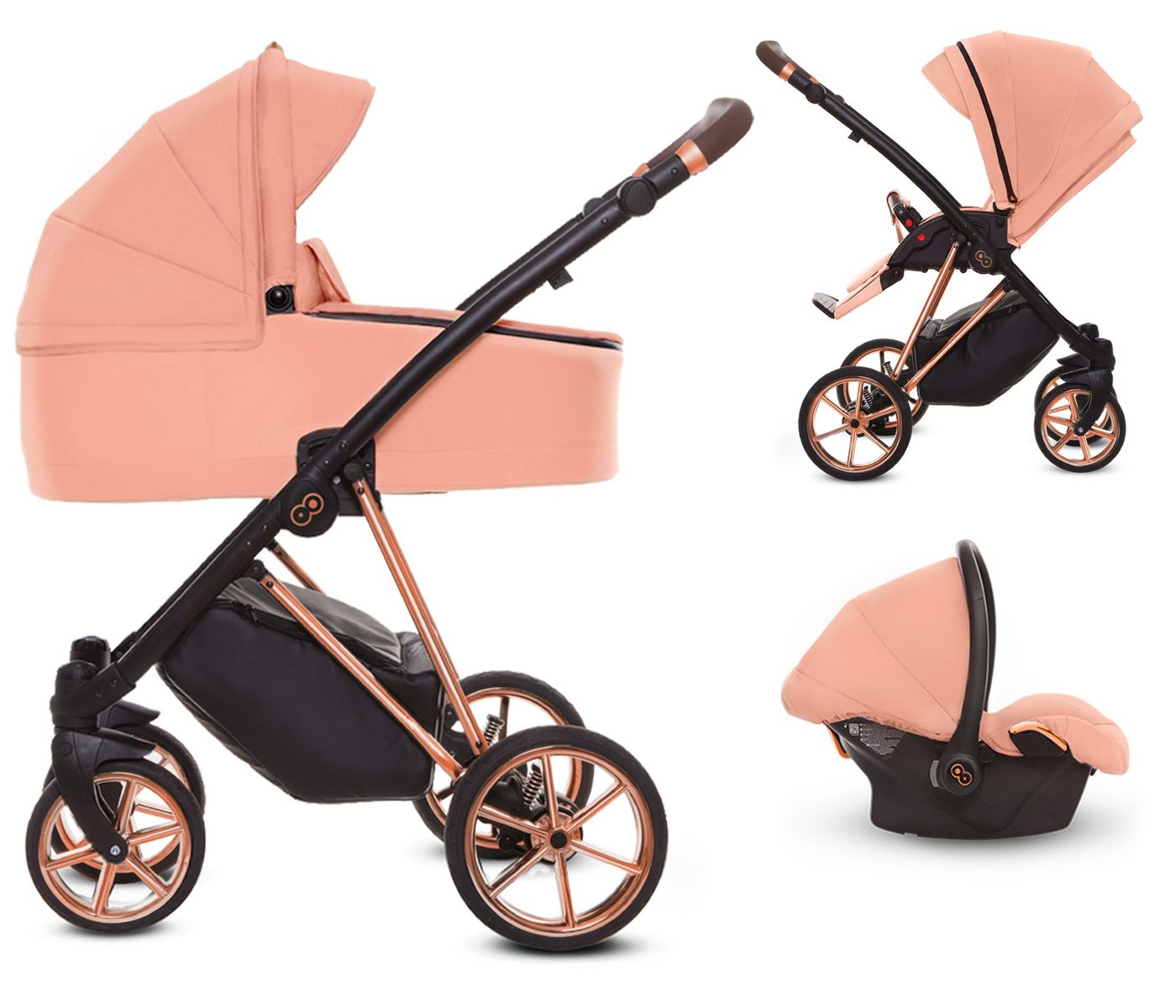 TPFLiving Kombi-Kinderwagen 3 in 1 Musse Ultra, Baby Buggy Babywanne Autositz, großes Zubehör-Set Kinderwagen 3 in 1 Stoff Apricot, Gestell Rosé Gold von TPFLiving