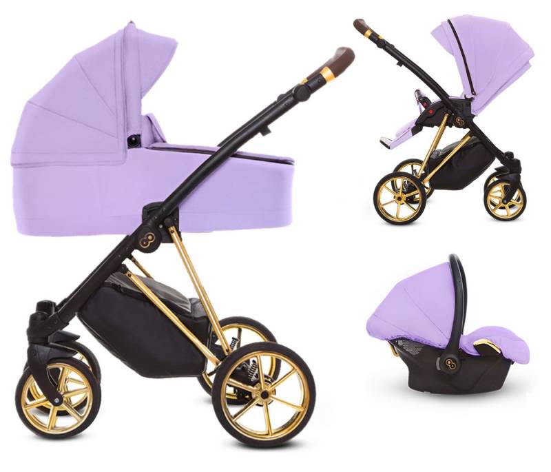 TPFFamily Kombi-Kinderwagen 3 in 1 Musse Ultra, Baby Buggy Babywanne Autositz, großes Zubehör-Set Kinderwagen 3 in 1 Stoff Lila, Gestell Gold von TPFFamily