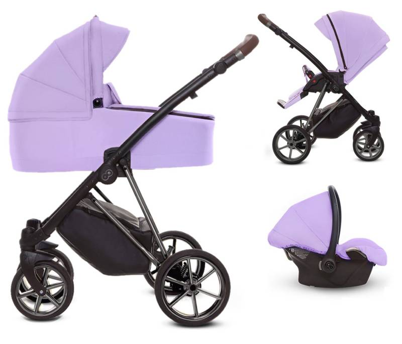 TPFFamily Kombi-Kinderwagen 3 in 1 Musse Ultra, Baby Buggy Babywanne Autositz, großes Zubehör-Set Kinderwagen 3 in 1 Stoff Lila, Gestell Grau von TPFFamily