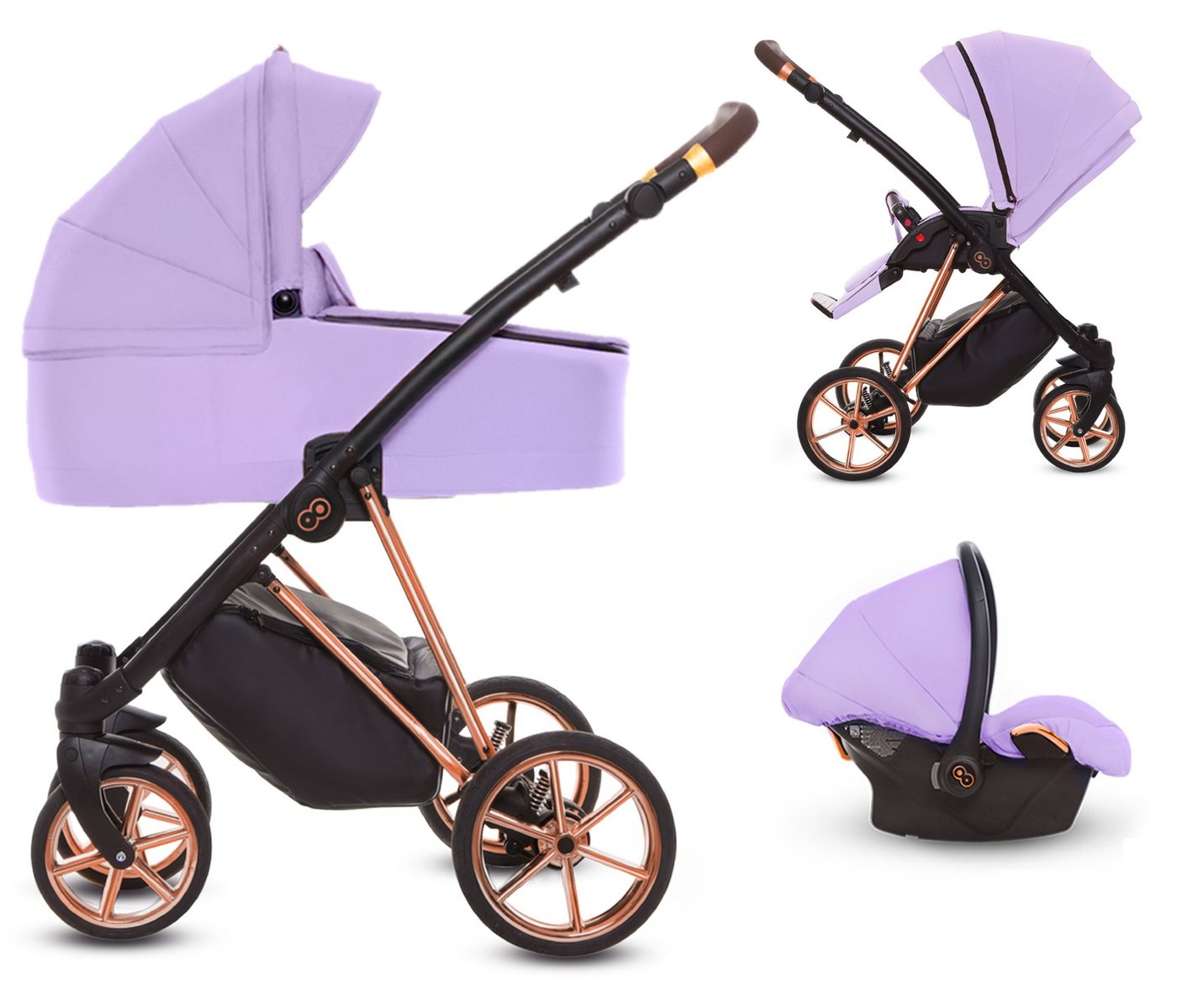 TPFLiving Kombi-Kinderwagen 3 in 1 Musse Ultra, Baby Buggy Babywanne Autositz, großes Zubehör-Set Kinderwagen 3 in 1 Stoff Lila, Gestell Rosé Gold von TPFLiving