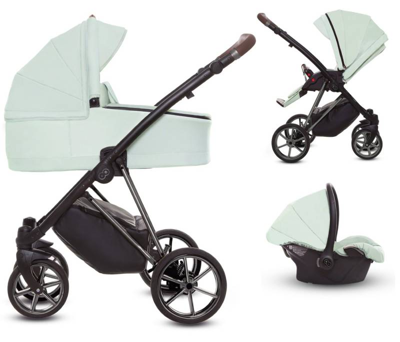 TPFFamily Kombi-Kinderwagen 3 in 1 Musse Ultra, Baby Buggy Babywanne Autositz, großes Zubehör-Set Kinderwagen 3 in 1 Stoff Mint, Gestell Grau von TPFFamily