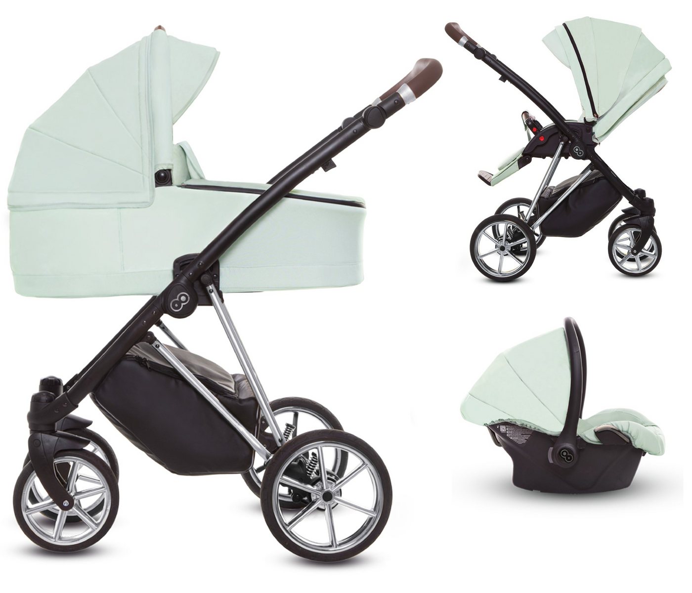 TPFLiving Kombi-Kinderwagen 3 in 1 Musse Ultra, Baby Buggy Babywanne Autositz, großes Zubehör-Set Kinderwagen 3 in 1 Stoff Mint, Gestell Silber von TPFLiving