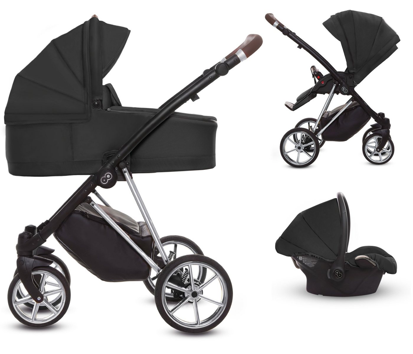 TPFLiving Kombi-Kinderwagen 3 in 1 Musse Ultra, Baby Buggy Babywanne Autositz, großes Zubehör-Set Kinderwagen 3 in 1 Stoff Schwarz, Gestell Silber von TPFLiving