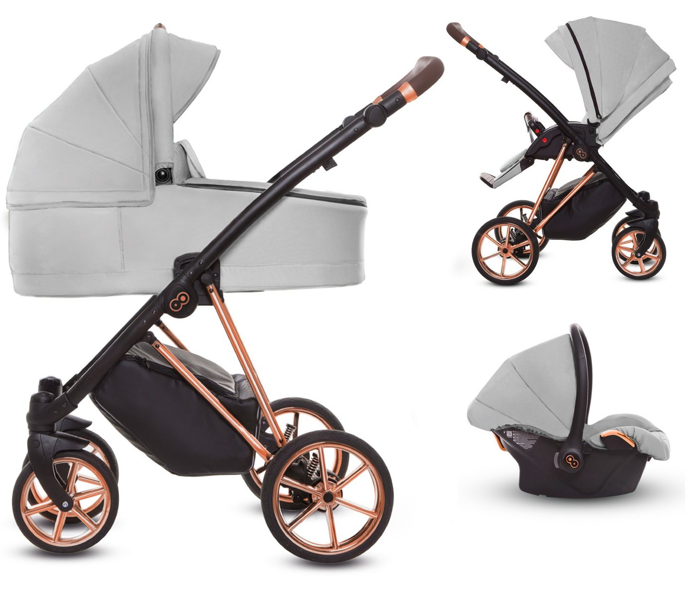 TPFLiving Kombi-Kinderwagen 3 in 1 Musse Ultra, Baby Buggy Babywanne Autositz, großes Zubehör-Set Kinderwagen 3 in 1 Stoff Zen, Gestell Rosé Gold von TPFLiving