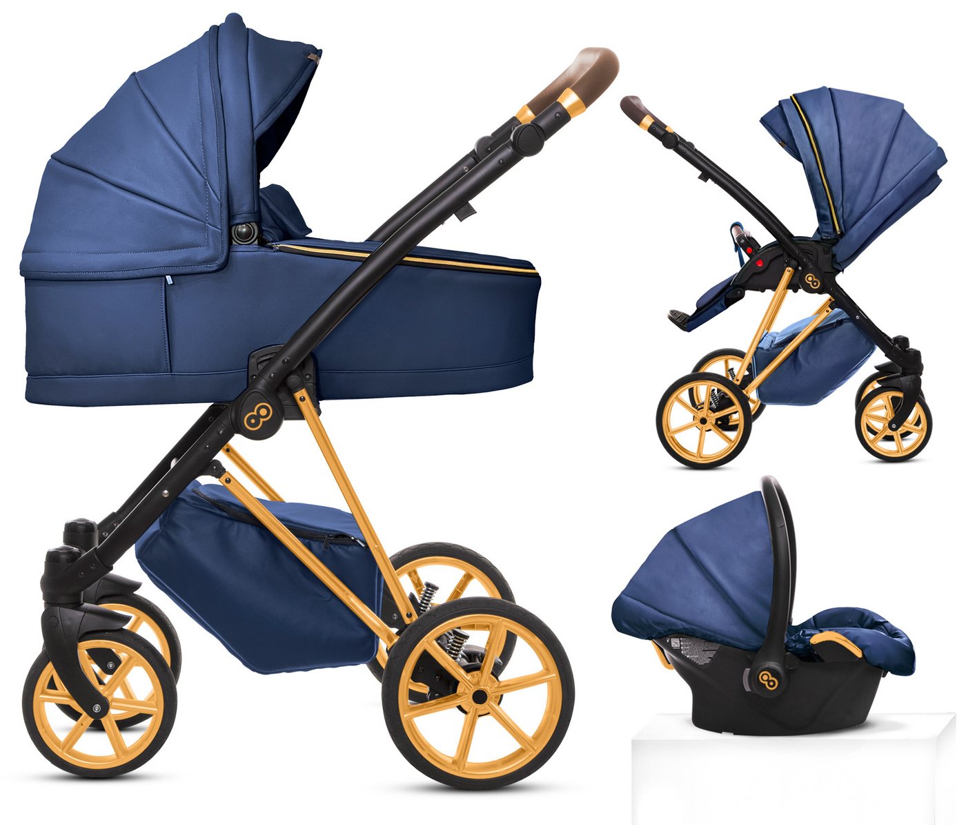 TPFLiving Kombi-Kinderwagen 3in1 Musse Royal, Baby Buggy Babywanne 5-Punkt-Sicherheitsgurt, Zubehör-Set Kinderwagen 3 in 1 Kunstleder Blau, Gestell Gold von TPFLiving