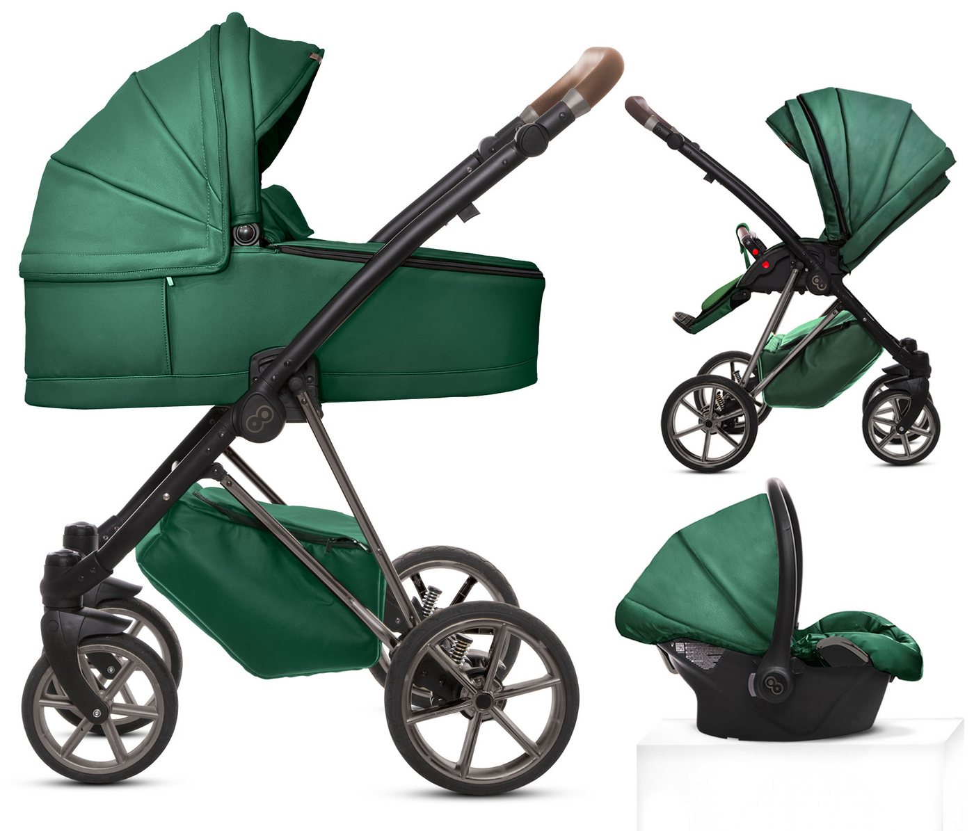 TPFLiving Kombi-Kinderwagen 3in1 Musse Royal, Baby Buggy Babywanne 5-Punkt-Sicherheitsgurt, Zubehör-Set Kinderwagen 3 in 1 Kunstleder Grün, Gestell Grau von TPFLiving