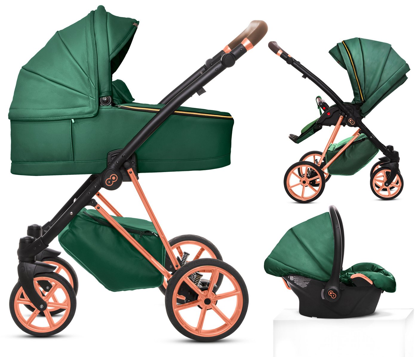 TPFLiving Kombi-Kinderwagen 3in1 Musse Royal, Baby Buggy Babywanne 5-Punkt-Sicherheitsgurt, Zubehör-Set Kinderwagen 3 in 1 Kunstleder Grün, Gestell Rosé Gold von TPFLiving