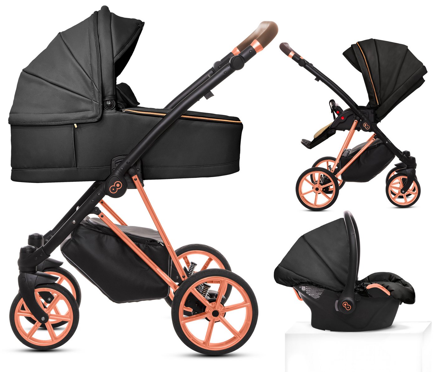 TPFLiving Kombi-Kinderwagen 3in1 Musse Royal, Baby Buggy Babywanne 5-Punkt-Sicherheitsgurt, Zubehör-Set Kinderwagen 3 in 1 Kunstleder Schwarz, Gestell Rosé Gold von TPFLiving