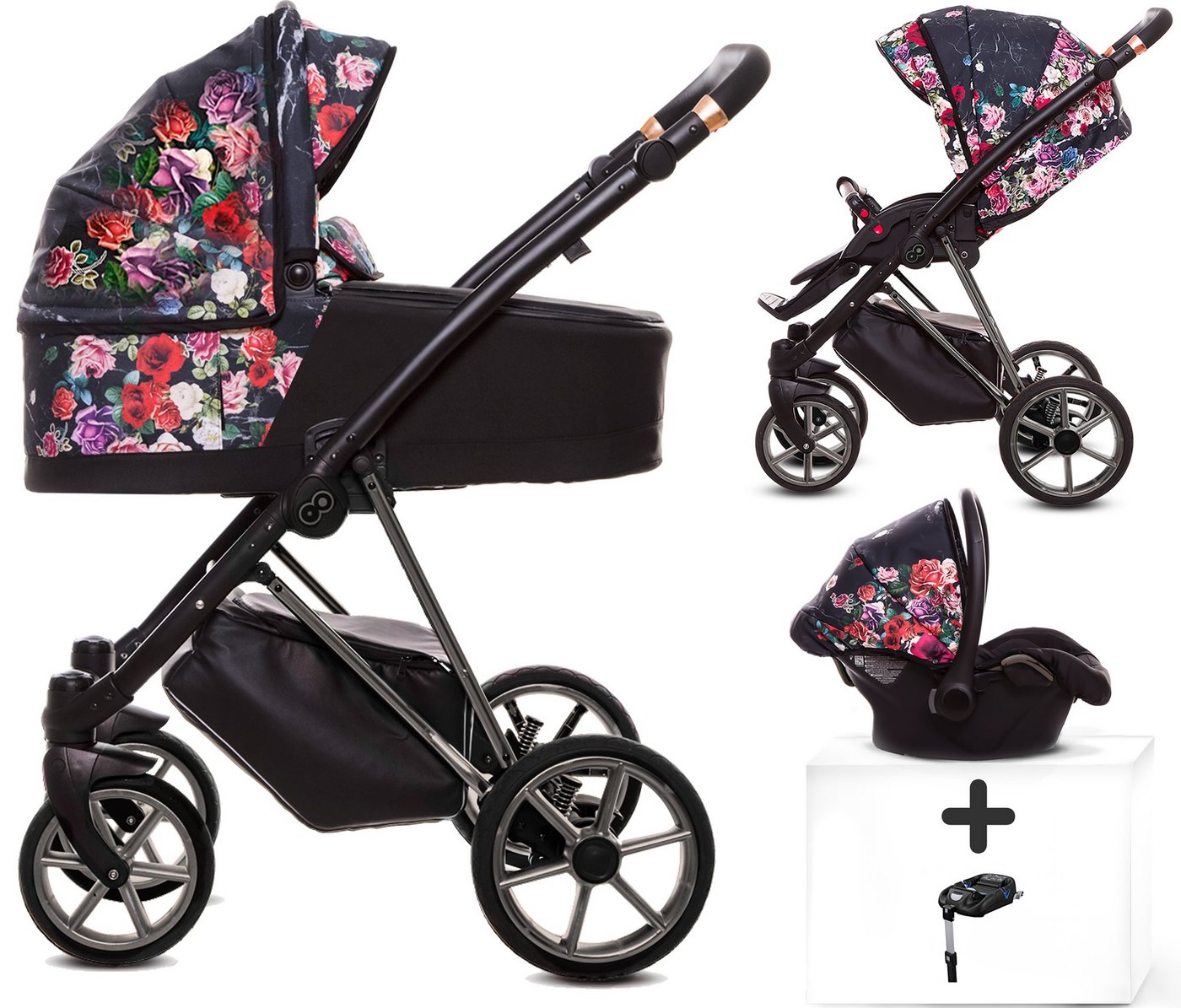 TPFLiving Kombi-Kinderwagen 4 in 1 Musse Dark Rose, Buggy Babywanne Autositz Isofix Windeltasche, Moskitonetz Regenschutz Kinderwagen Komplettset Gestell Grau von TPFLiving