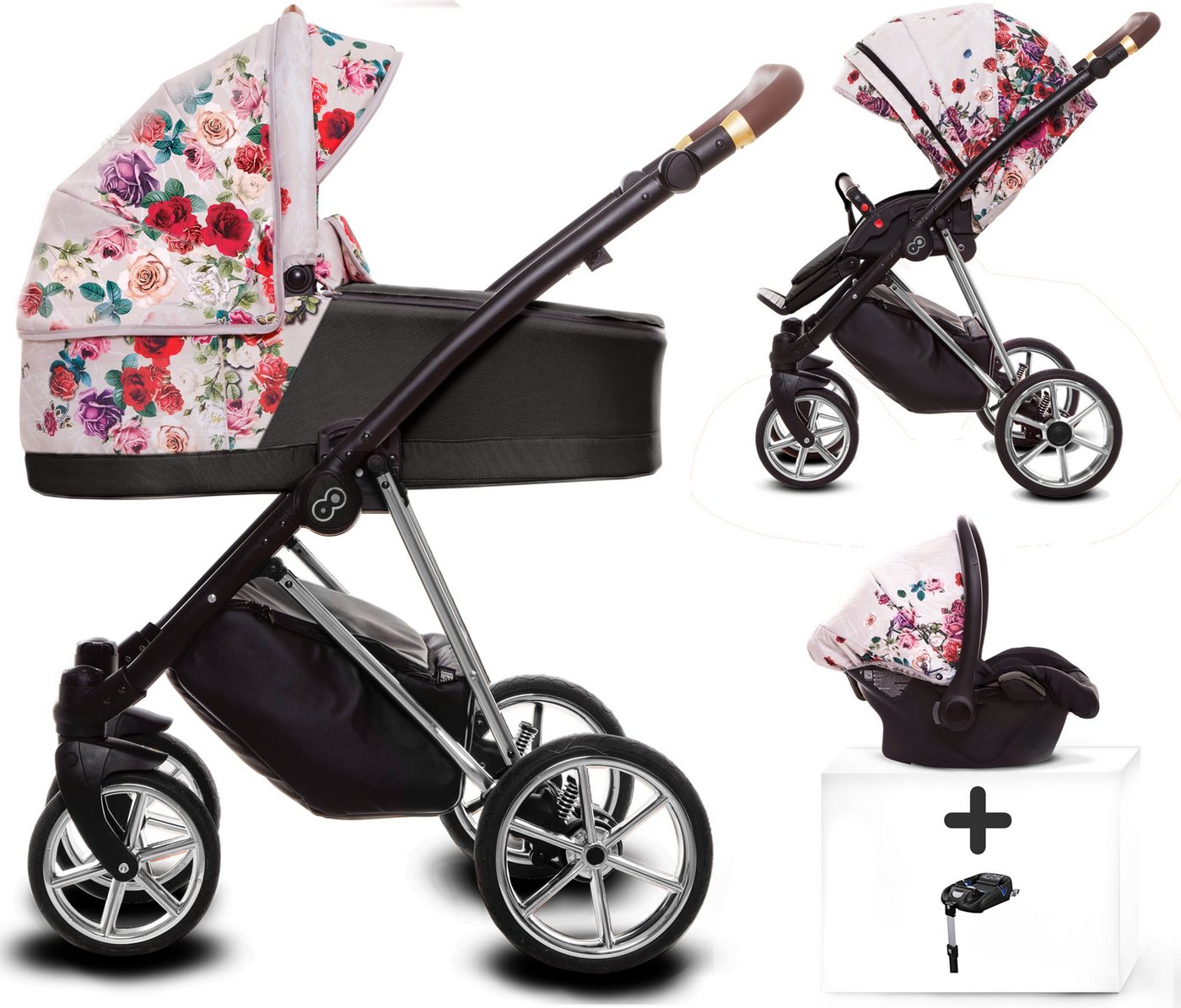 TPFLiving Kombi-Kinderwagen 4 in 1 Musse Light Dark Rose, Buggy Babywanne Autositz Isofix, Moskitonetz Regenschutz Kinderwagen Komplettset Gestell Silber von TPFLiving