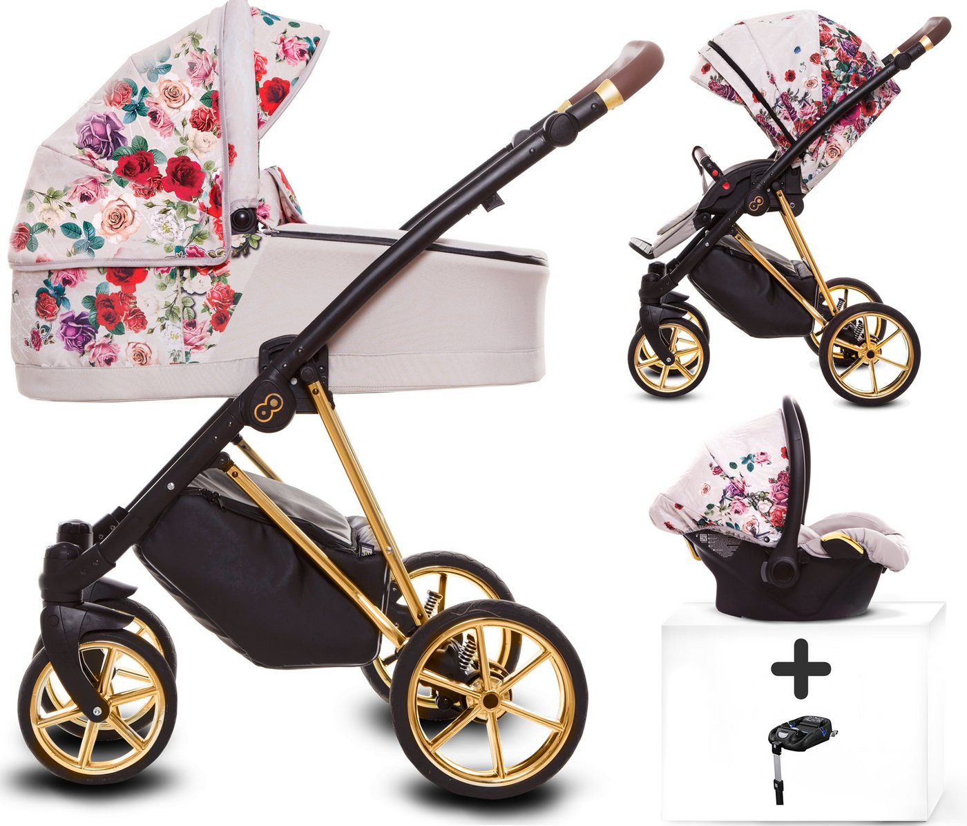 TPFLiving Kombi-Kinderwagen 4 in 1 Musse Light Rose, Buggy Babywanne Autositz Isofix Windeltasche, Moskitonetz Regenschutz Kinderwagen Komplettset Gestell Gold von TPFLiving