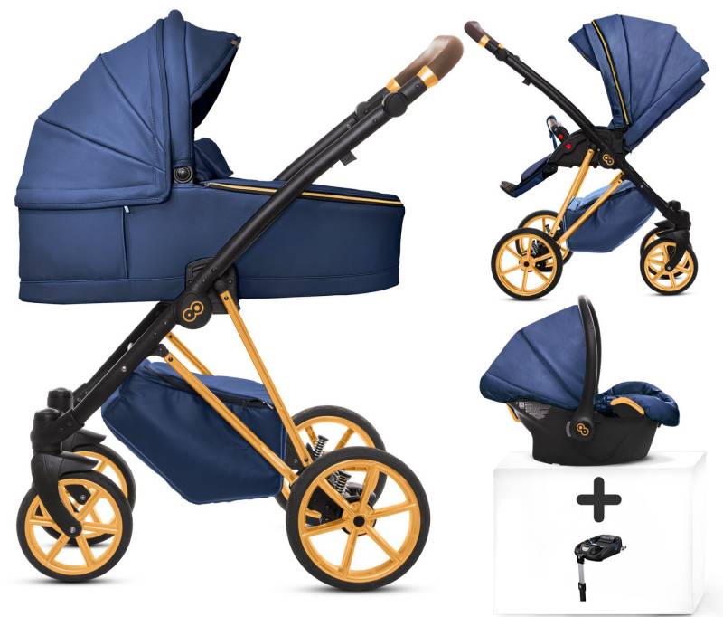 TPFFamily Kombi-Kinderwagen 4 in 1 Musse Royal, Baby Buggy Babywanne Autositz Isofix Basis, Zubehör-Set Kinderwagen 4 in 1 Kunstleder Blau, Gestell Gold von TPFFamily