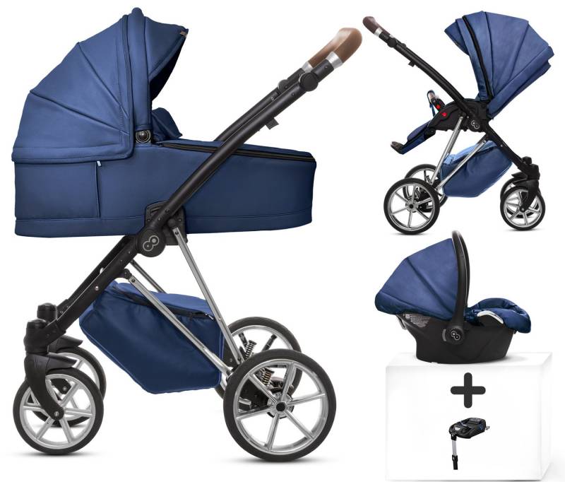 TPFFamily Kombi-Kinderwagen 4 in 1 Musse Royal, Baby Buggy Babywanne Autositz Isofix Basis, Zubehör-Set Kinderwagen 4 in 1 Kunstleder Blau, Gestell Silber von TPFFamily