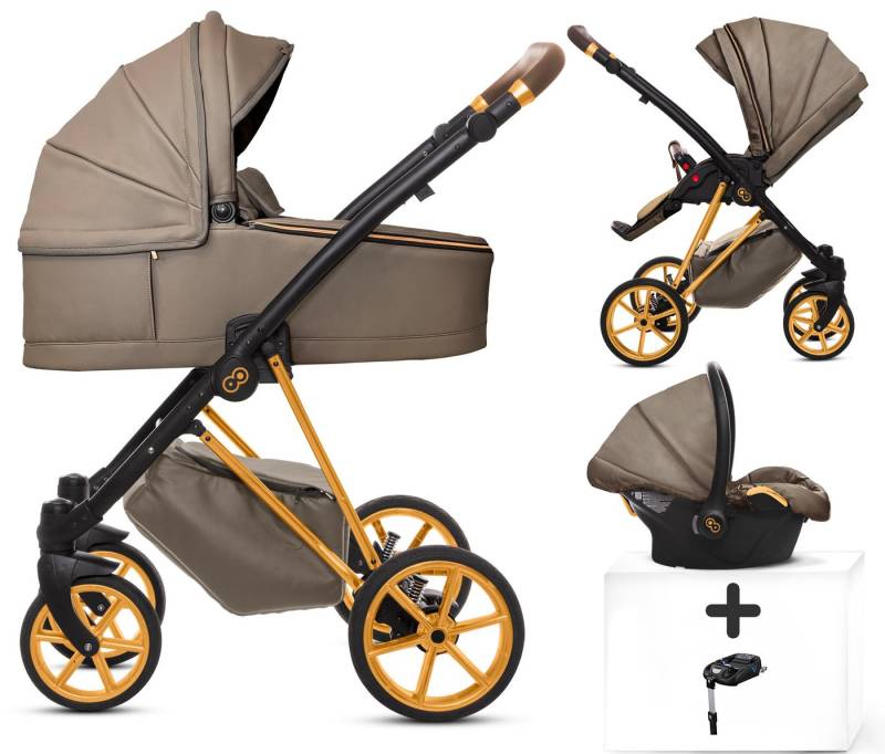 TPFFamily Kombi-Kinderwagen 4 in 1 Musse Royal, Baby Buggy Babywanne Autositz Isofix Basis, Zubehör-Set Kinderwagen 4 in 1 Kunstleder Grau, Gestell Gold von TPFFamily