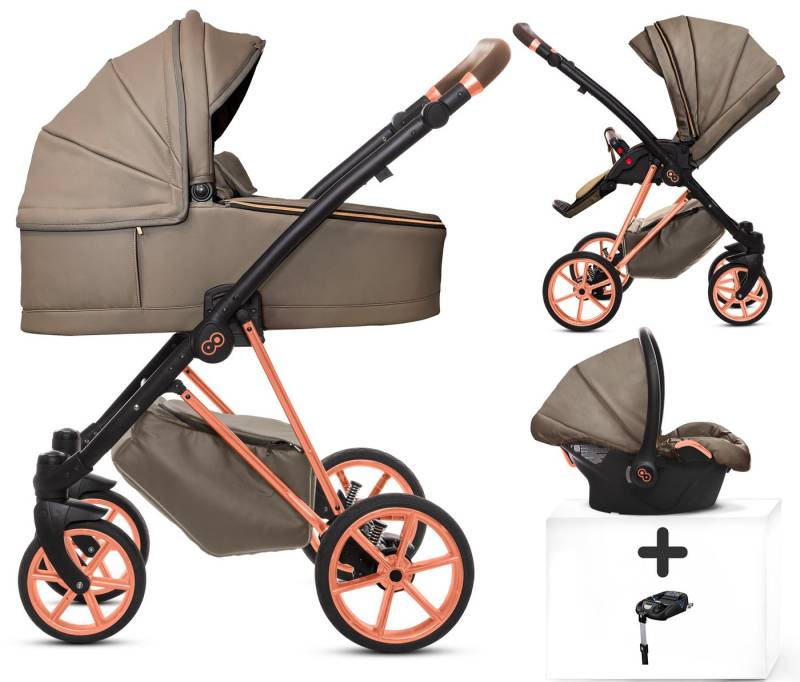 TPFFamily Kombi-Kinderwagen 4 in 1 Musse Royal, Baby Buggy Babywanne Autositz Isofix Basis, Zubehör-Set Kinderwagen 4 in 1 Kunstleder Grau, Gestell Rosé Gold von TPFFamily