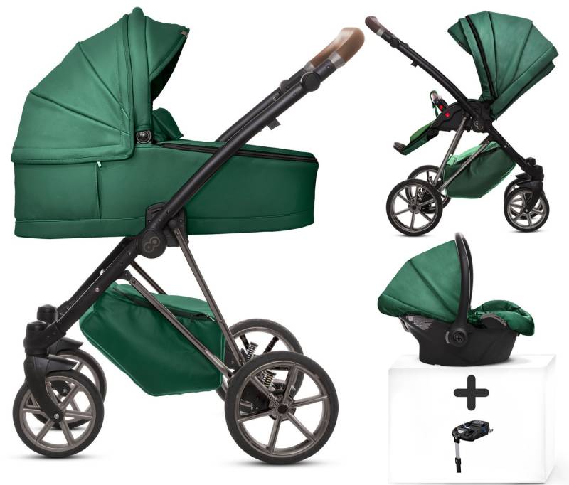 TPFFamily Kombi-Kinderwagen 4 in 1 Musse Royal, Baby Buggy Babywanne Autositz Isofix Basis, Zubehör-Set Kinderwagen 4 in 1 Kunstleder Grün, Gestell Grau von TPFFamily