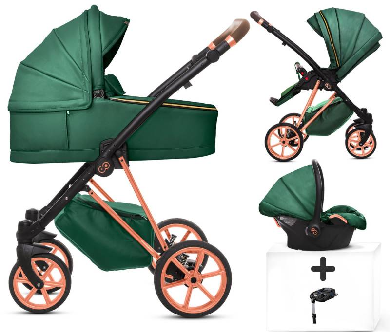 TPFFamily Kombi-Kinderwagen 4 in 1 Musse Royal, Baby Buggy Babywanne Autositz Isofix Basis, Zubehör-Set Kinderwagen 4 in 1 Kunstleder Grün, Gestell Rosé Gold von TPFFamily