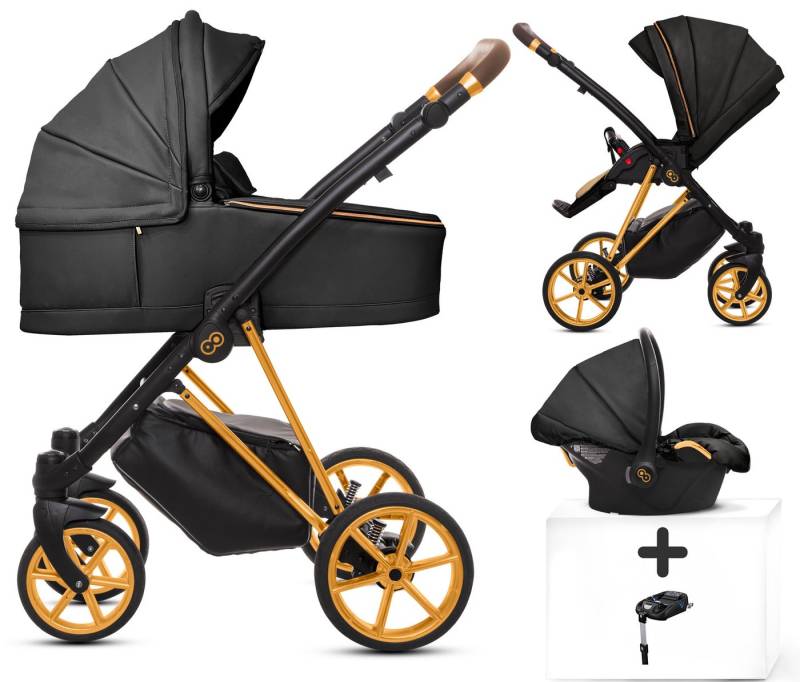 TPFFamily Kombi-Kinderwagen 4 in 1 Musse Royal, Baby Buggy Babywanne Autositz Isofix Basis, Zubehör-Set Kinderwagen 4 in 1 Kunstleder Schwarz, Gestell Gold von TPFFamily