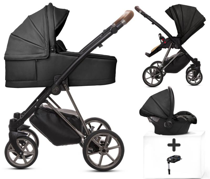 TPFFamily Kombi-Kinderwagen 4 in 1 Musse Royal, Baby Buggy Babywanne Autositz Isofix Basis, Zubehör-Set Kinderwagen 4 in 1 Kunstleder Schwarz, Gestell Grau von TPFFamily