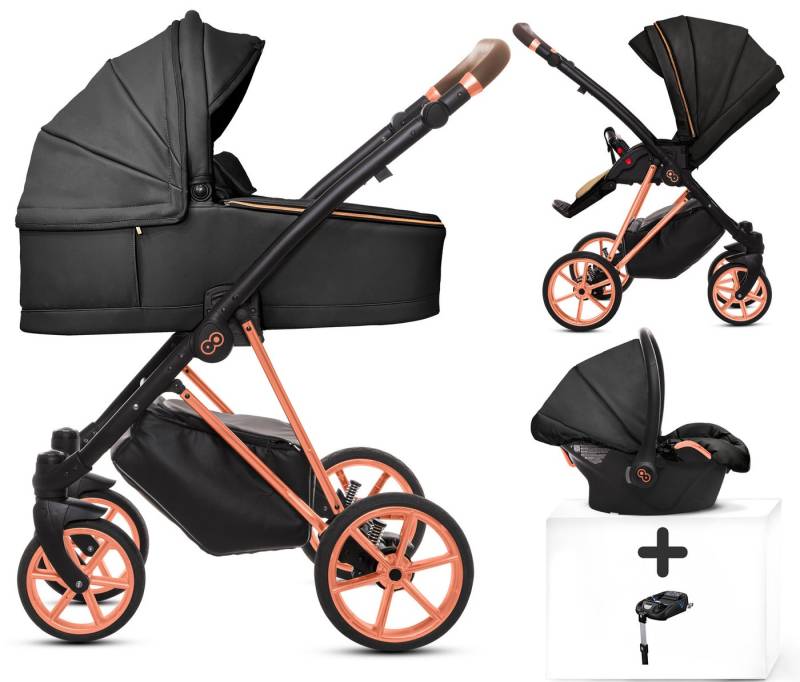 TPFFamily Kombi-Kinderwagen 4 in 1 Musse Royal, Baby Buggy Babywanne Autositz Isofix Basis, Zubehör-Set Kinderwagen 4 in 1 Kunstleder Schwarz, Gestell Rosé Gold von TPFFamily